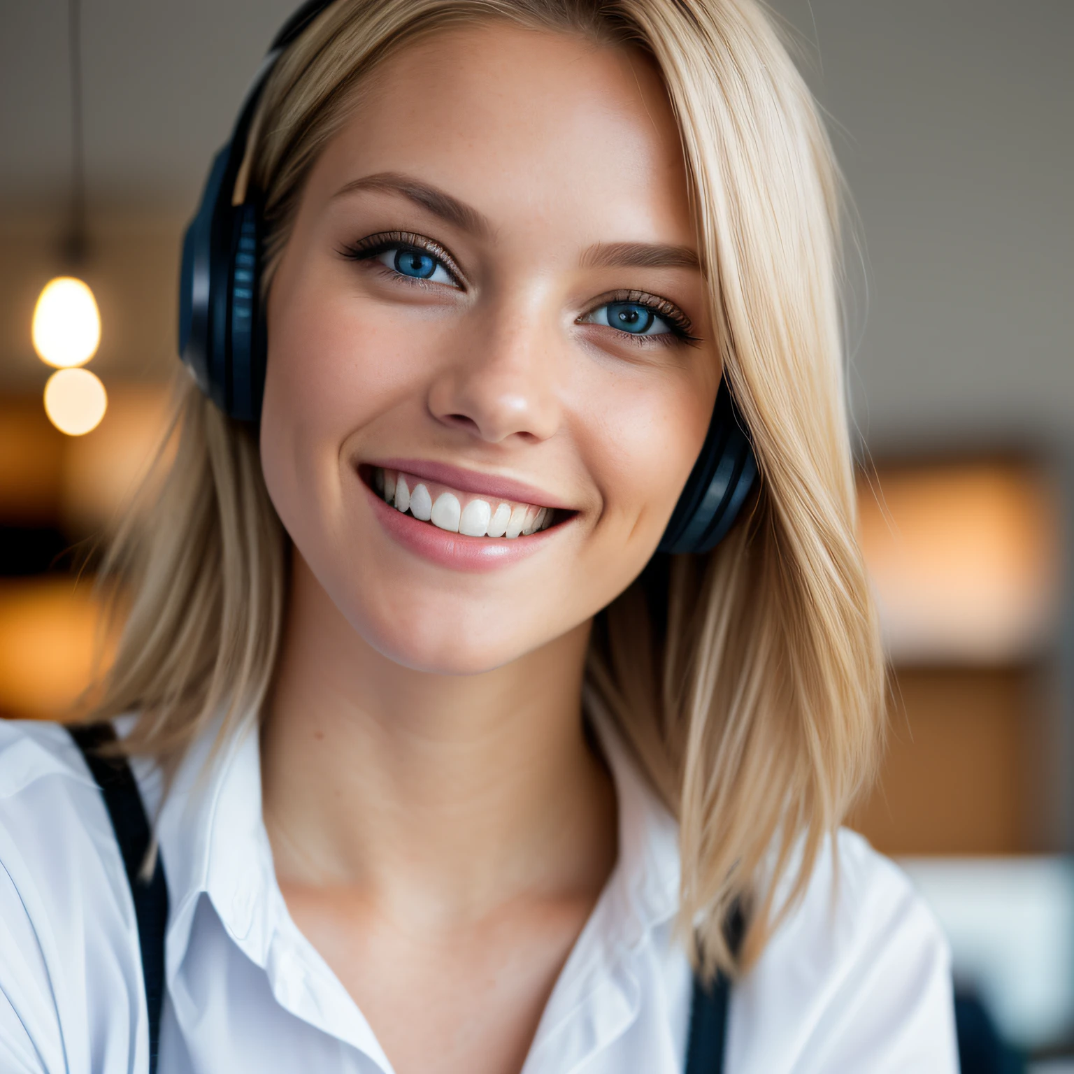 (selfie shot, from above: 1.4), (half-body portrait: 1.4), 24-year-old blonde (blue-eyed woman) sitting at a desk wearing a customer service headset with microphone, huge smile, bright white teeth, uhd portrait photo, natural breast_b, home office background, (crack), detailed (texture!, hair!, shine, color!!, flaws: 1.1), highly detailed glowing eyes, (looking at camera), specular light, dslr, extreme quality, sharp focus, sharp, dof, Film grain, (centered), Fujifilm XT3, crystal clear, center of frame, cute face, sharp focus, bokeh, (medium daylight light), low key, detailed skin pores, oil Dark skin, brown, complex eye details, expand image to include top of head and bottom of breasts