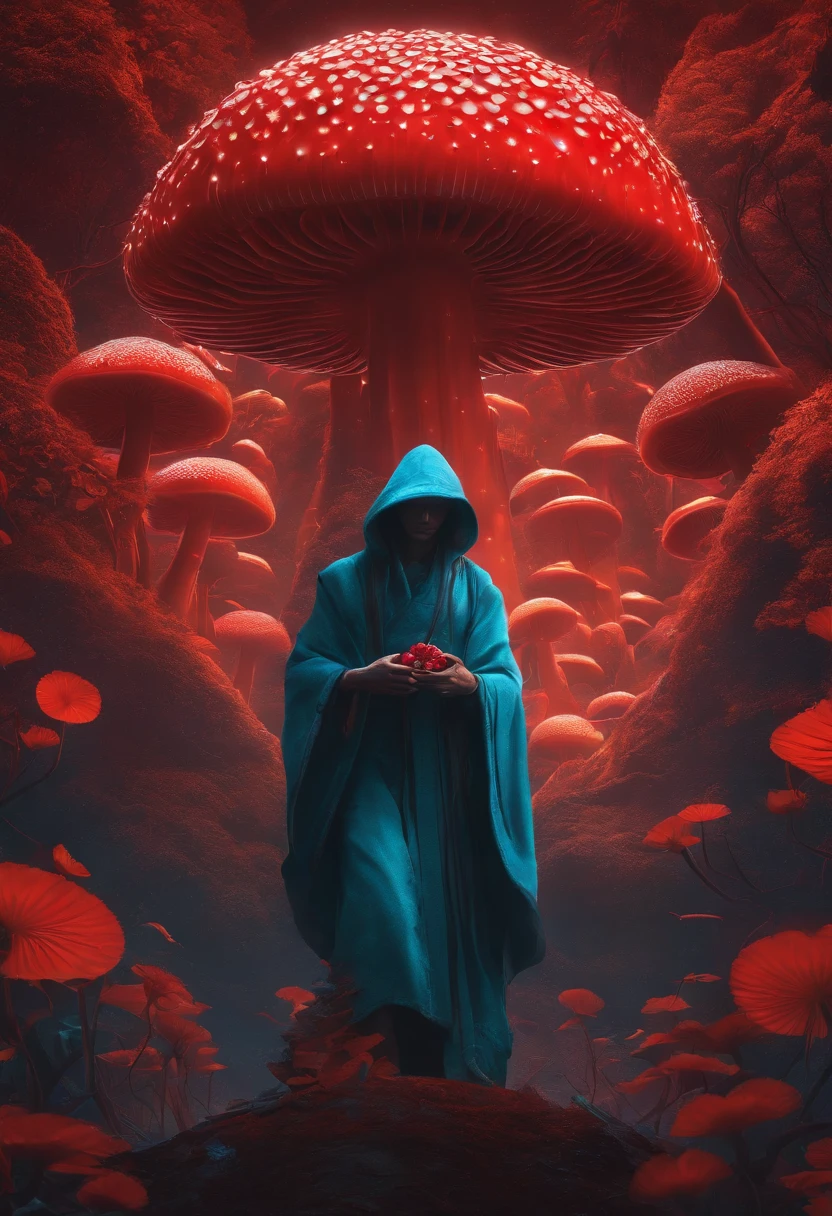 ultra-vibrant neon, vivid colors, highres, 4k wallpaper, ultra-detailed official artwork, made of neon light, neon outlines, stylized design, HD wallpaper, album art, chillpop:1.2, A strong and invincible warrior monk - a magical red fly agaric - the power of artificial intelligence and human consciousness