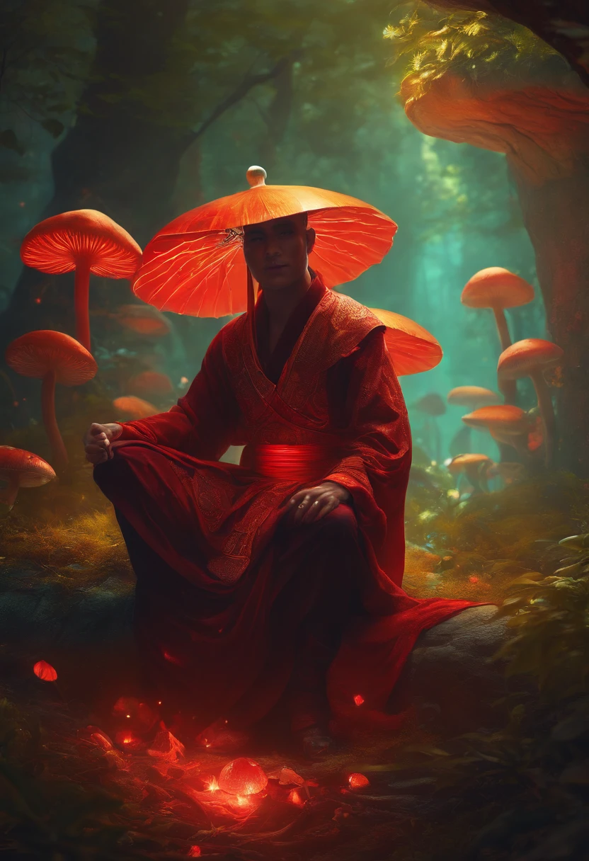 ultra-vibrant neon, vivid colors, highres, 4k wallpaper, ultra-detailed official artwork, made of neon light, neon outlines, stylized design, HD wallpaper, album art, chillpop:1.2, A strong and invincible warrior monk - a magical red fly agaric - the power of artificial intelligence and human consciousness