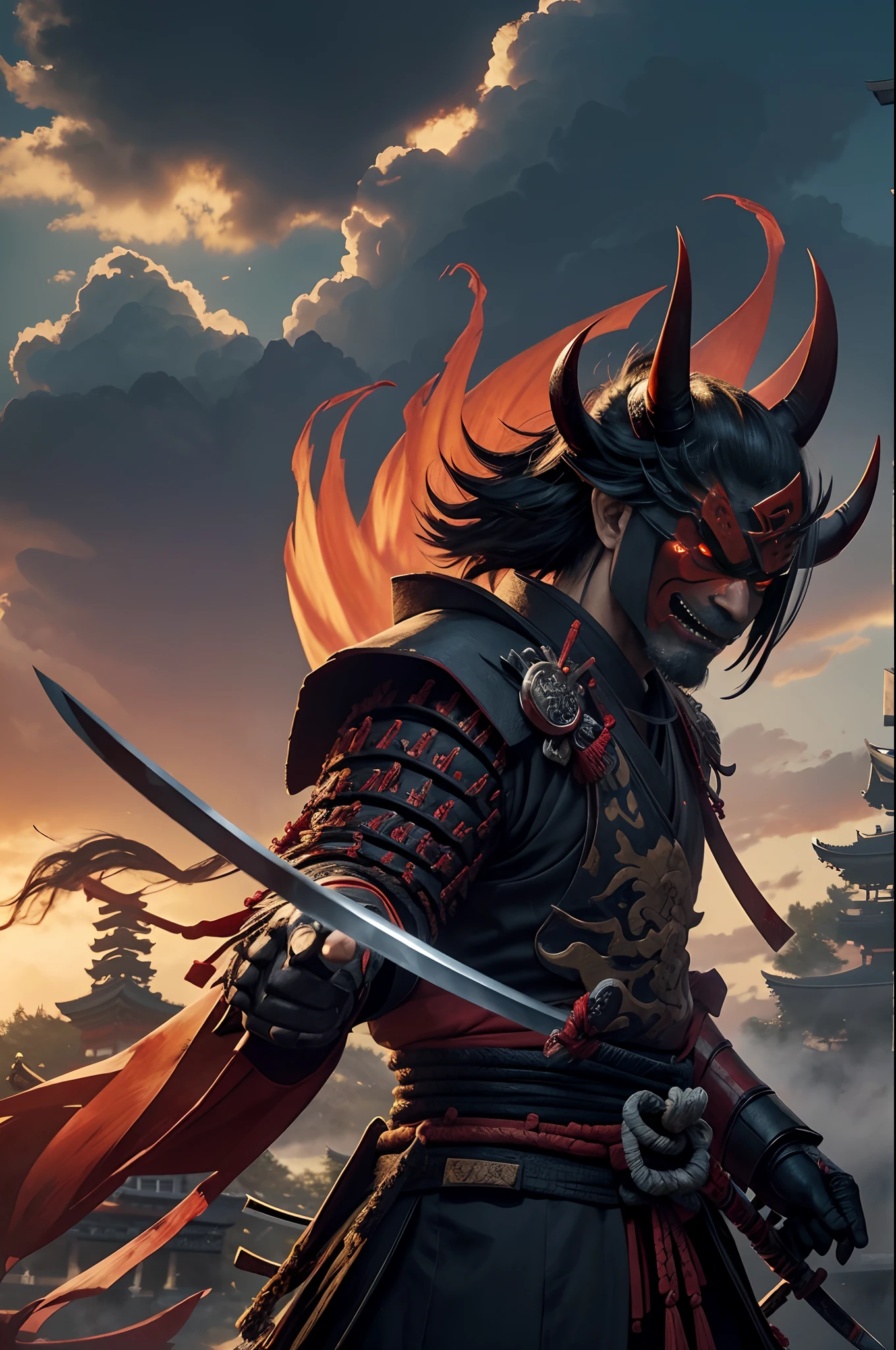 (demon samurai)、(Wearing a demon mask)、独奏、Like the whole body、(Armed with a long sharp knife)、magnificent artwork、((Kyoto Panel Painting Style))、Wind-effect:1.9、Cloud Effects:1.2、Full Rendering、Encaustic Painting,unrealengine,facing front