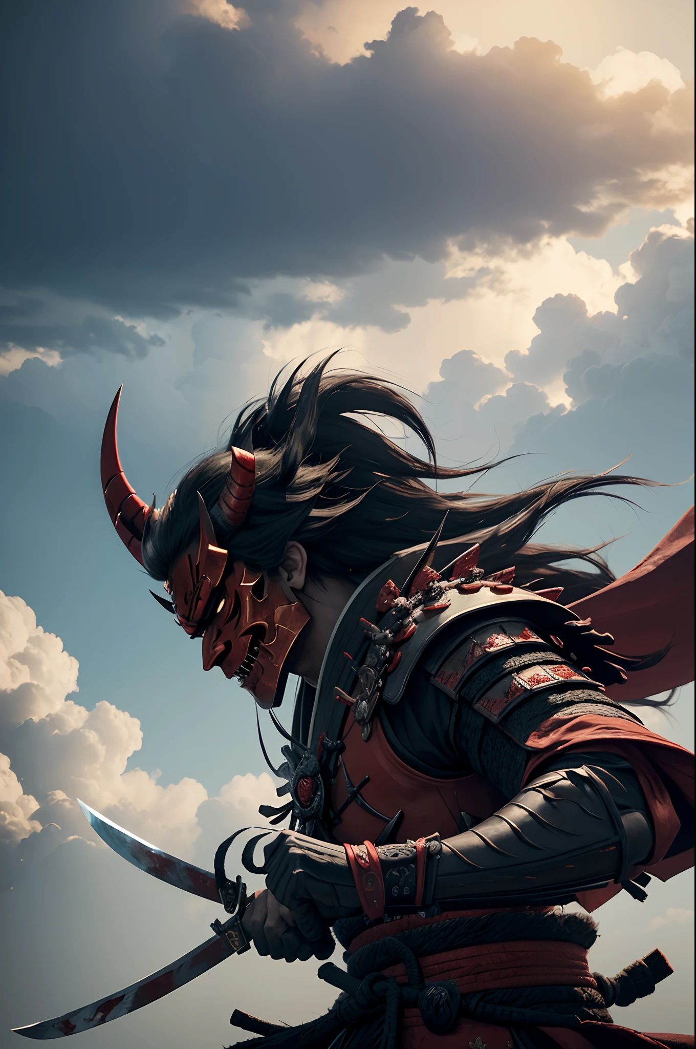 (demon samurai)、(Wearing a demon mask)、独奏、Like the whole body、(Armed with a long sharp knife)、magnificent artwork、((Kyoto Panel Painting Style))、Wind-effect:1.9、Cloud Effects:1.2、Full Rendering、Encaustic Painting,unrealengine,facing front