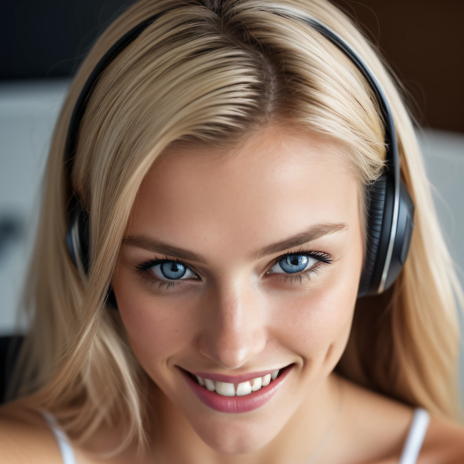 (selfie shot, from above: 1.4), (half-body portrait: 1.4), 24-year-old blonde (blue-eyed woman) sitting at a desk wearing a customer service headset with microphone, huge smile, bright white teeth, uhd portrait photo, natural breast_b, home office background,  (crack), detailed (texture!, hair!, shine, color!!, flaws: 1.1), highly detailed glowing eyes, (looking at camera), specular light, dslr, extreme quality, sharp focus, sharp, dof, Film grain, (centered), Fujifilm XT3, crystal clear, center of frame, cute face, sharp focus, bokeh, (medium daylight light), low key, detailed skin pores, oil Dark skin, brown, complex eye details, expand image to include top of head and bottom of breasts