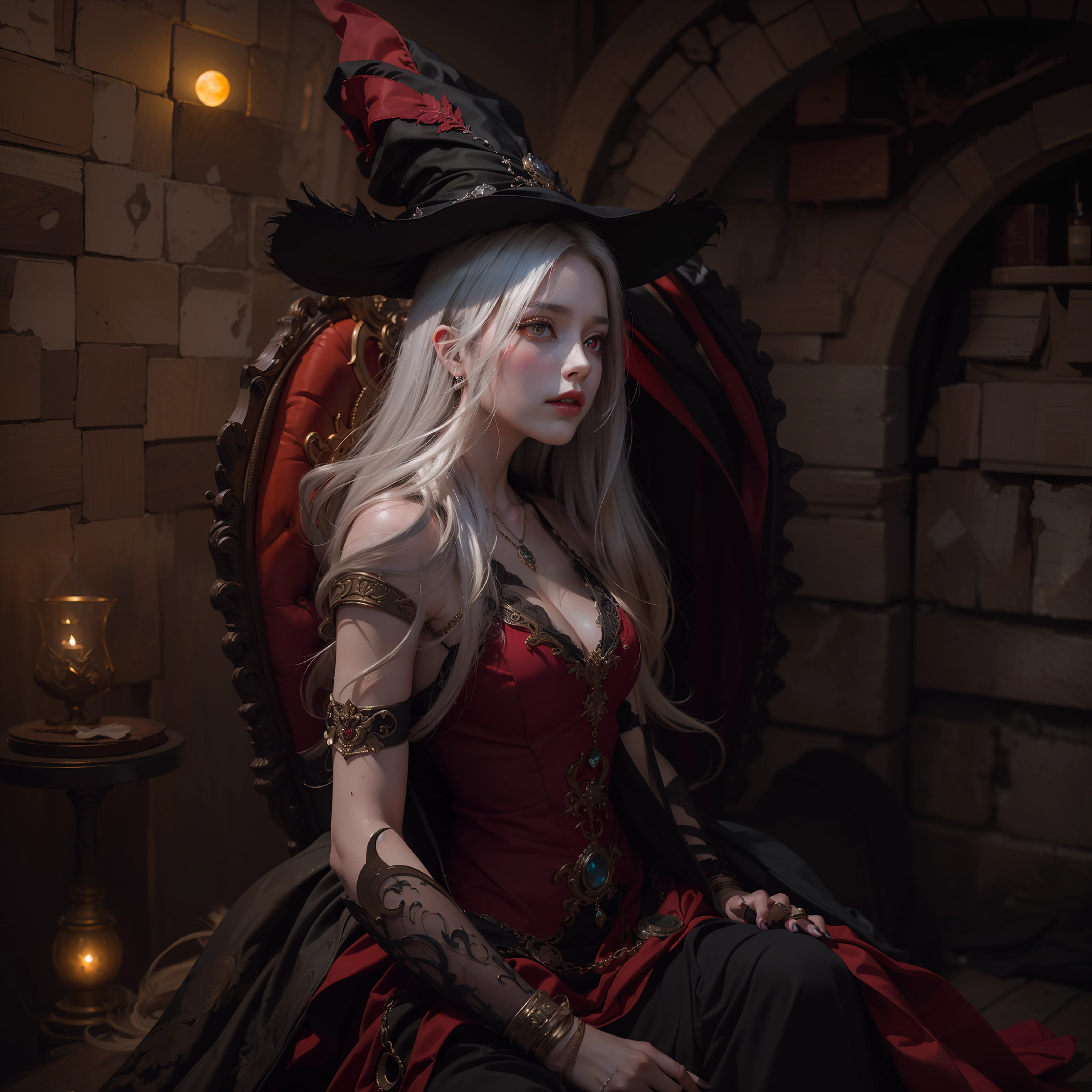 (Numerous award-winning masterpieces, with incredible detail, textures and maximum detail), (hyper realistic:1.4), (realistic:1.3), (Full body image:1.7), (upper body up:0.3), ((medieval world)), (best quality real texture skin), (five perfect and beautiful fingers:1.8), (Beautiful vampire high rank wizard: 1.7), (Two thick, long, sharp vampire teeth protruding from the lips: 1.7), (Wearing a wizard's black hat: 1.6), (A jet-black cloak with delicate decorations: 1.6), (A cloak with delicate decorations, although it is damaged and faded: 1.5), (finely detailed true circle Symmetrical eyes), (finely Detailed and beautiful face:1.6), (Image of aesthetic and decadent atmosphere: 1.6), (fair but beautiful skin and face: 1.6), (wearing many decadent and delicately crafted accessories: 1.8), (High-ranking vampire wizard who releases magic from fingertips: 1.3), (Magic circle that emits light strongly: 1.3), (Bio luminescent bright red eyes: 1.7), (Depraved Beauty: 1.6), (A pair of red eyes with strong red light emitting from within:1.7), (elegant and luxuriously crafted accessories:1.8), (Less skin exposure:1.5), (Strong moonlight coming in from outside: 1.7), ((dramatic photo)), ((cinematic light)), (Full-length portrait:1.7), (looks up), (looking down), (dramatic pose), (smoke effects and bewitching light:1.4), beautiful white hair, beautiful silver hair, beautiful blonde hair, Wind Effects, (Drifting purple smoke: 1.3), Ruins of an old castle, Royal Underground Tombs, (The witch's messy room: 1.6), ((Dark nights, full moon nights, new moon nights)), epic realistic, faded, ((neutral colors)), art, (hdr:1.5), (muted colors:1.2), hyper detailed, (art station:1.5), cinematic, warm lights, light effect, dramatic light, (intricate details:1.1), complex background, (Greg rutkowski:0.8), (teal and orange:0.4),