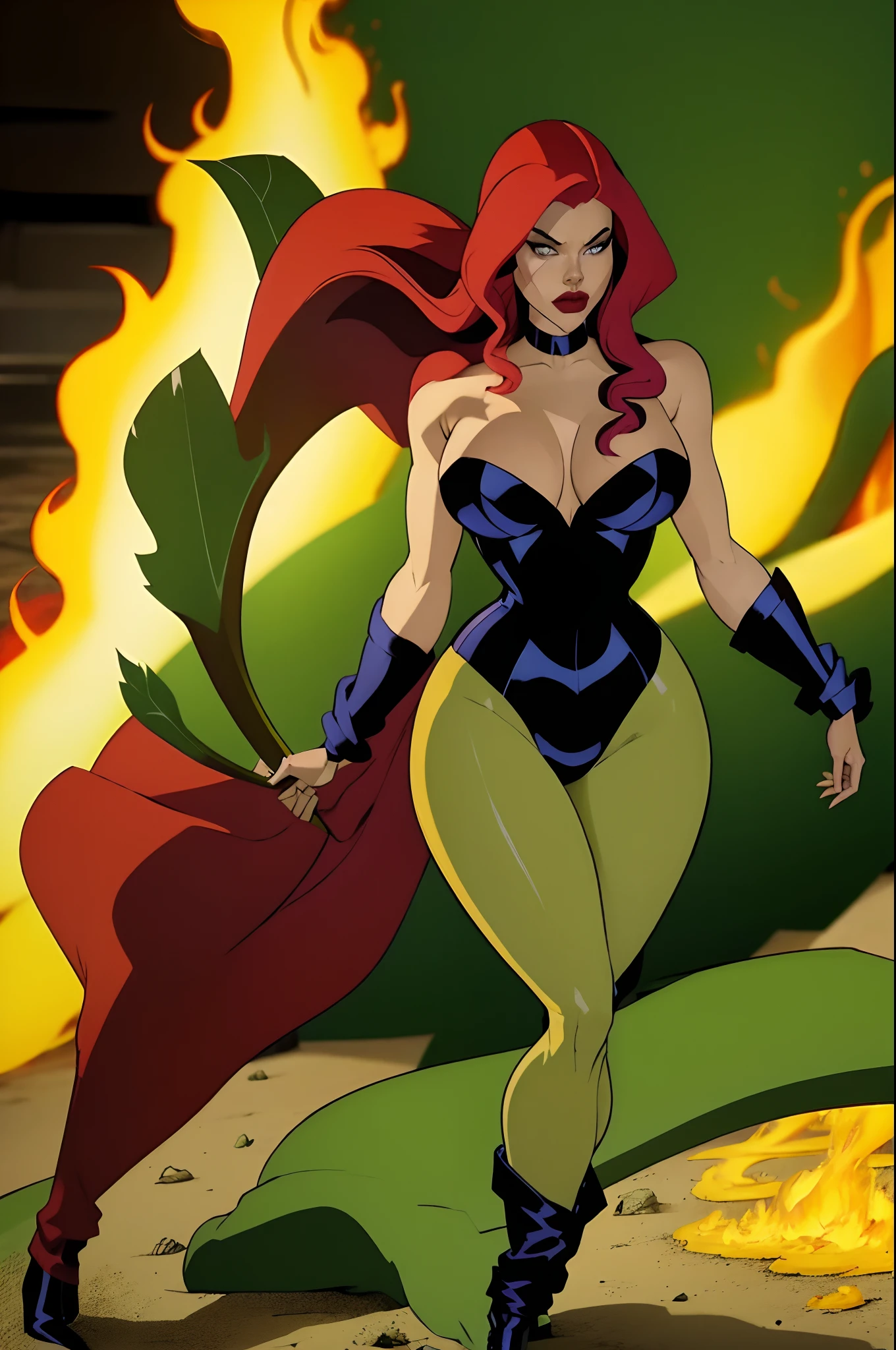 Poison ivy dc comics e Arlequina dc comics, Backgroud there is a huge carnivorous plant and the burning ground, detailed, high definicion, obra prima