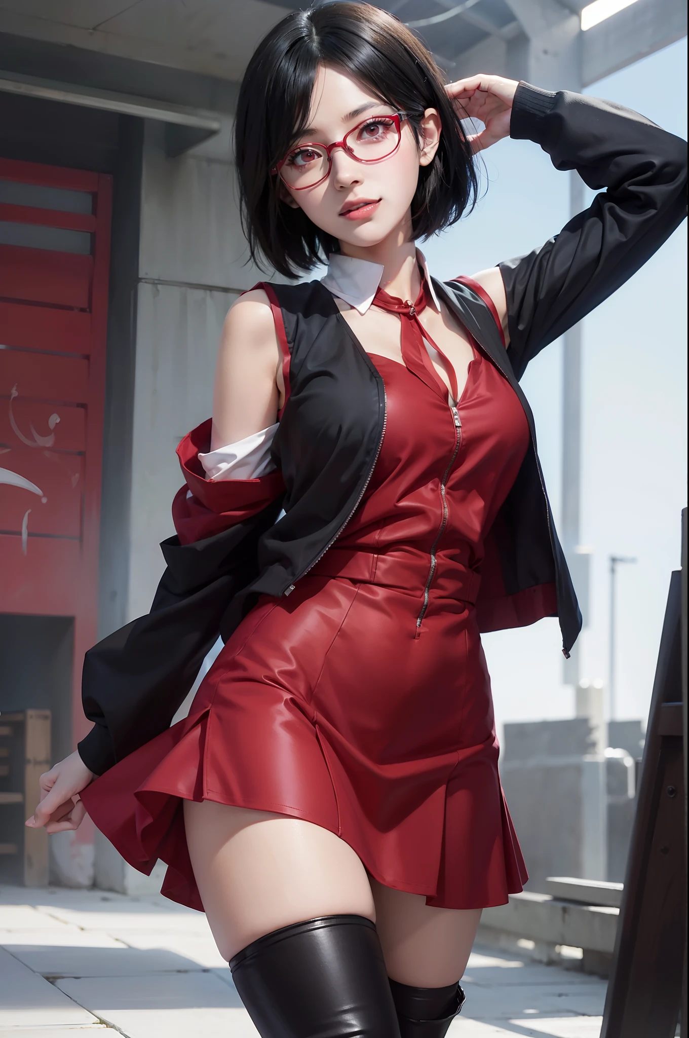 1girl, uchiha sarada in anime boruto, short hair, black hair, red eyes, smile, beautiful, sexy dress, sexy clothes, red clothes, wear red glasses, very big breast, realistic clothes, detail clothes, outdoor background, ultra detail, realistic