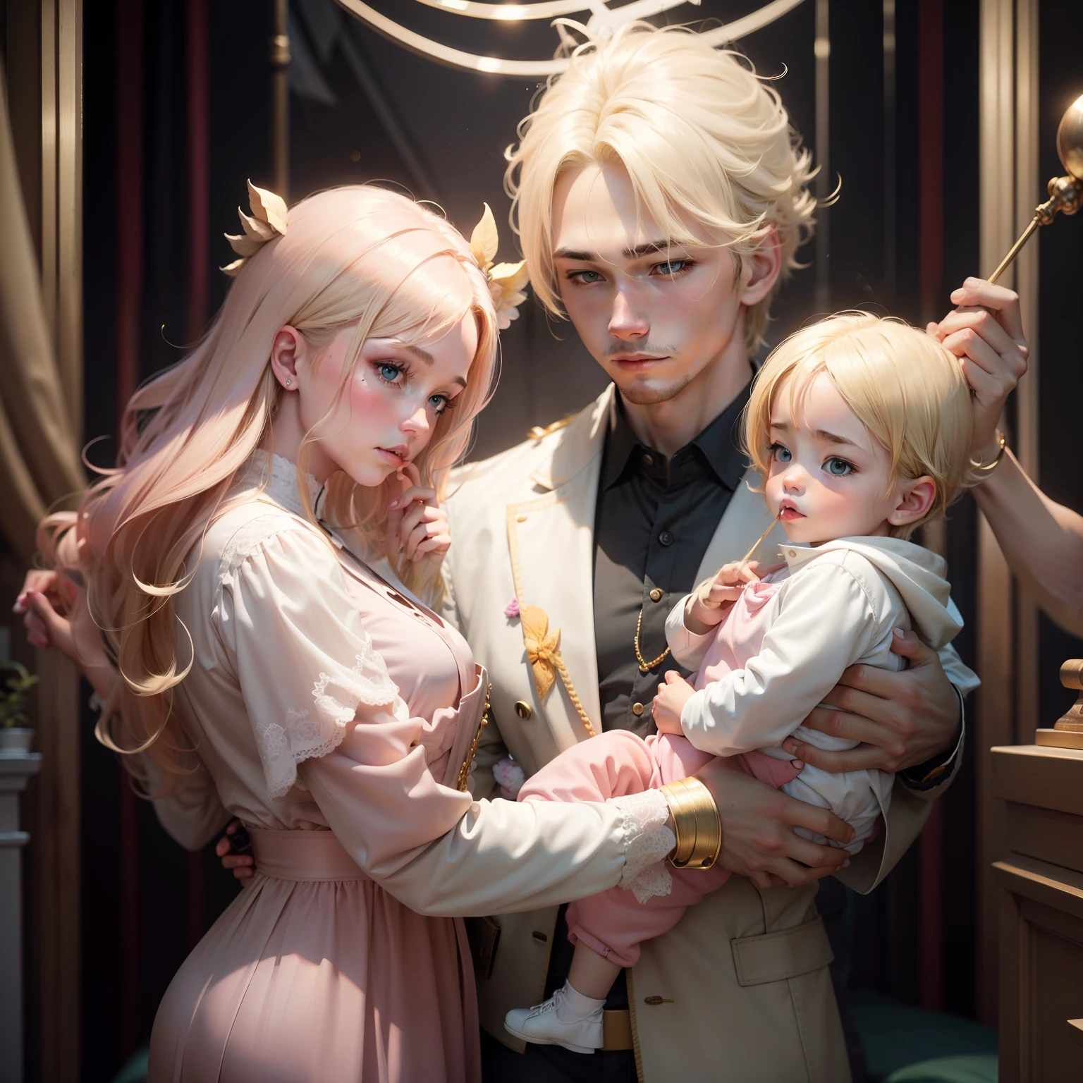 A strong tall slender sexy queen with white hair and holding her 5 son and cuddling her son very cutely nose to nose full body photo