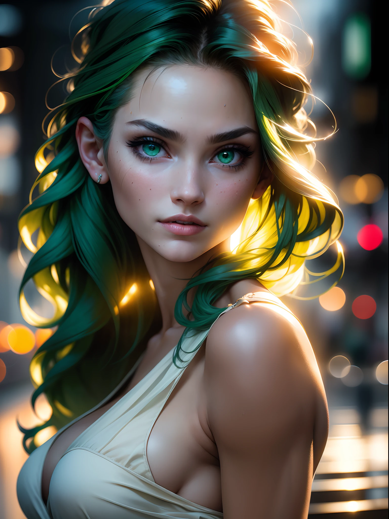 Photo of 47 years old European woman, RAW, beautiful woman, (green hair with extra long wavy), ((portrait)), (Detailed face: 1.2)), (Detailed facial features)), (green eyes) (Fine skin), pale skin, high detail and deep cleavage body conhasmat dress, slim body, megacity environment, (cold color), wet, moist, reflection, (masterpiece) ( Perfect proportions) (realistic photos) (highest quality) (detail) shot with Canon EOS R5, 50mm lens, f/2.8, HDR, (8k) (wallpaper) (movie lighting) (dramatic lighting) (sharp focus) (complex) fashion