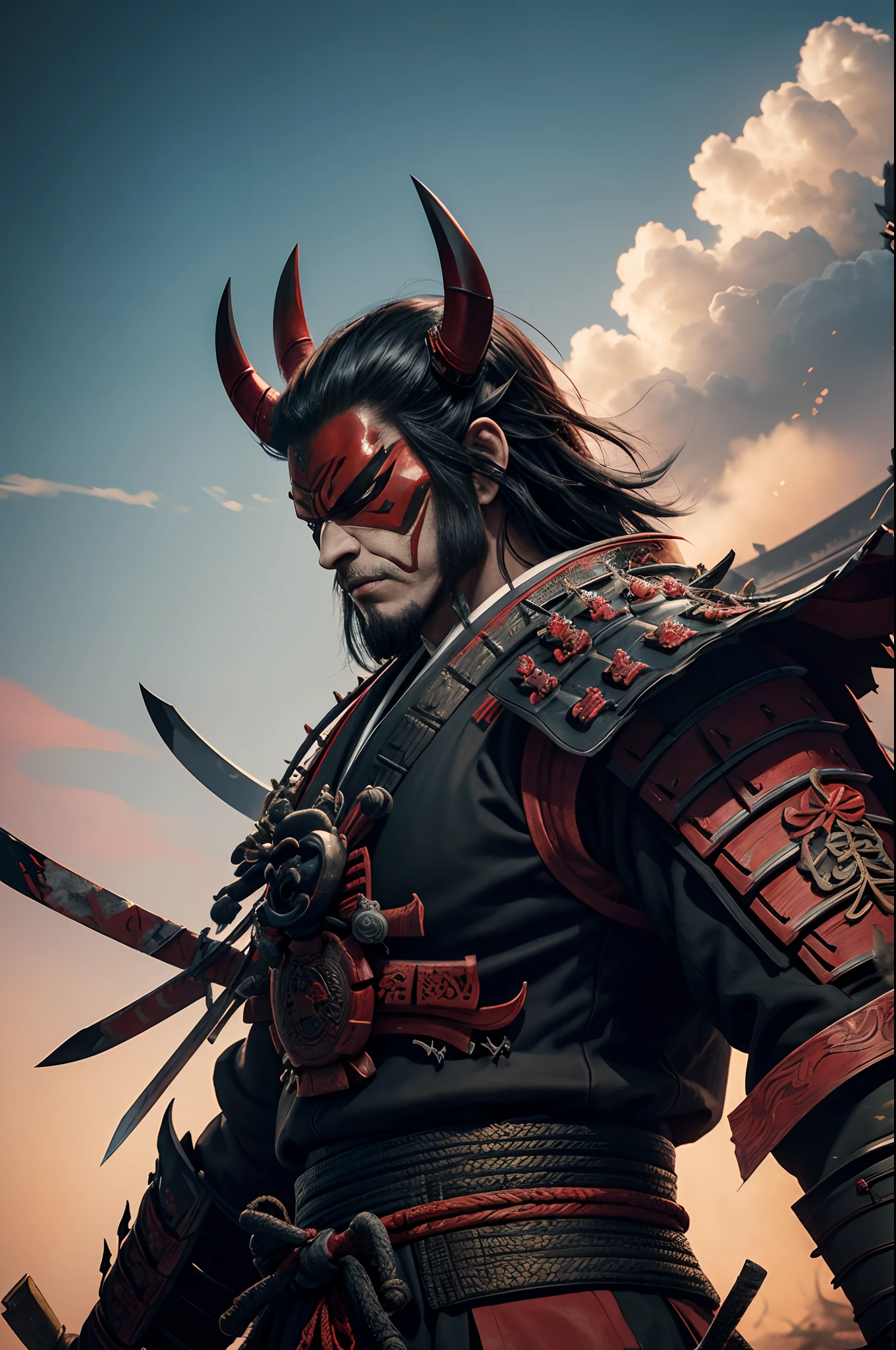 (demon samurai)、(Wearing a demon mask)、独奏、Like the whole body、(Armed with a long sharp knife)、magnificent artwork、((Kyoto Panel Painting Style))、Wind-effect:1.9、Cloud Effects:1.2、Full Rendering、Encaustic Painting,unrealengine,facing front