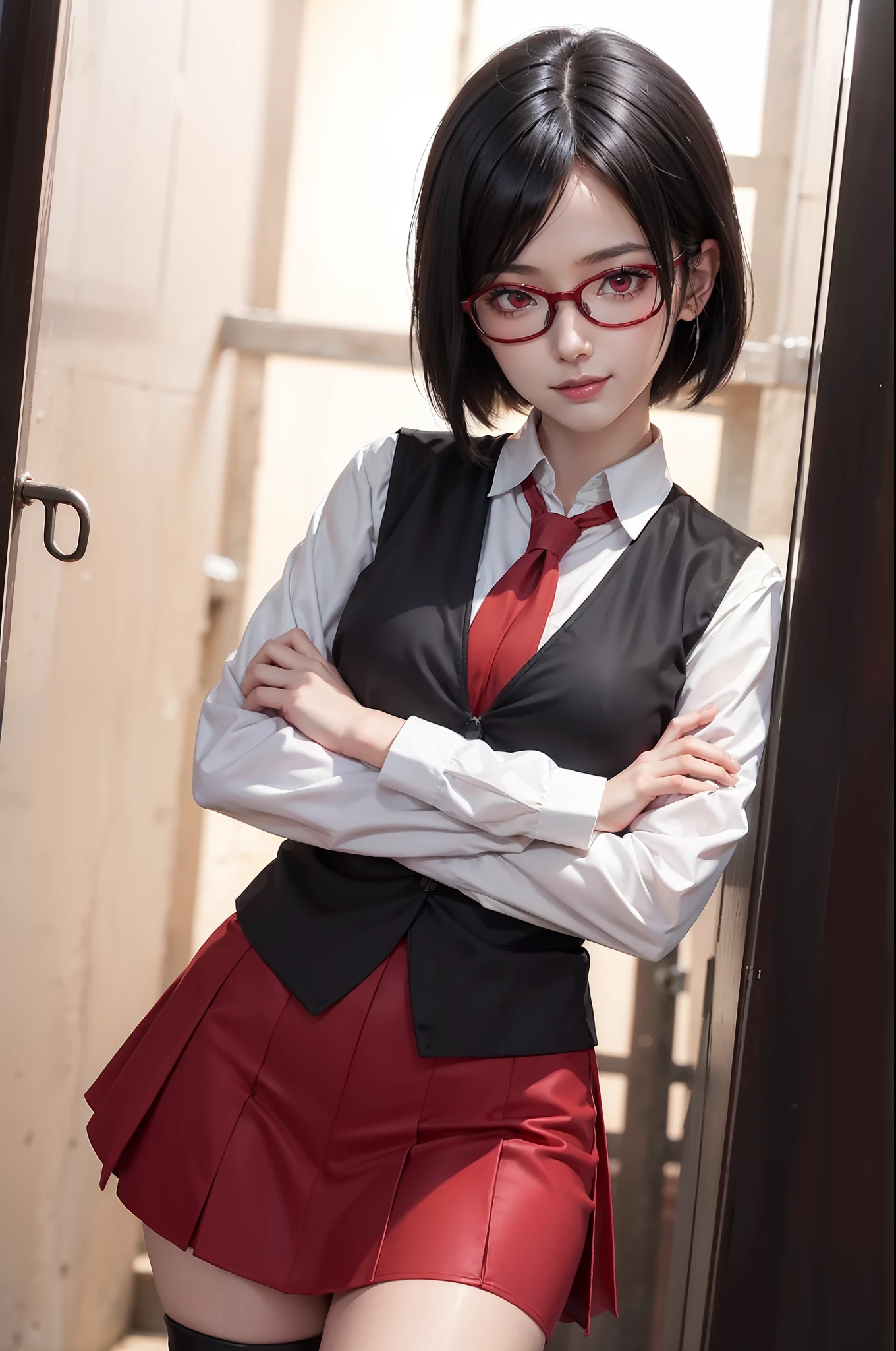 1girl, uchiha sarada in anime boruto, short hair, black hair, red eyes, smile, beautiful, sexy dress, sexy clothes, red clothes, wear red glasses, very big breast, realistic clothes, detail clothes, outdoor background, ultra detail, realistic
