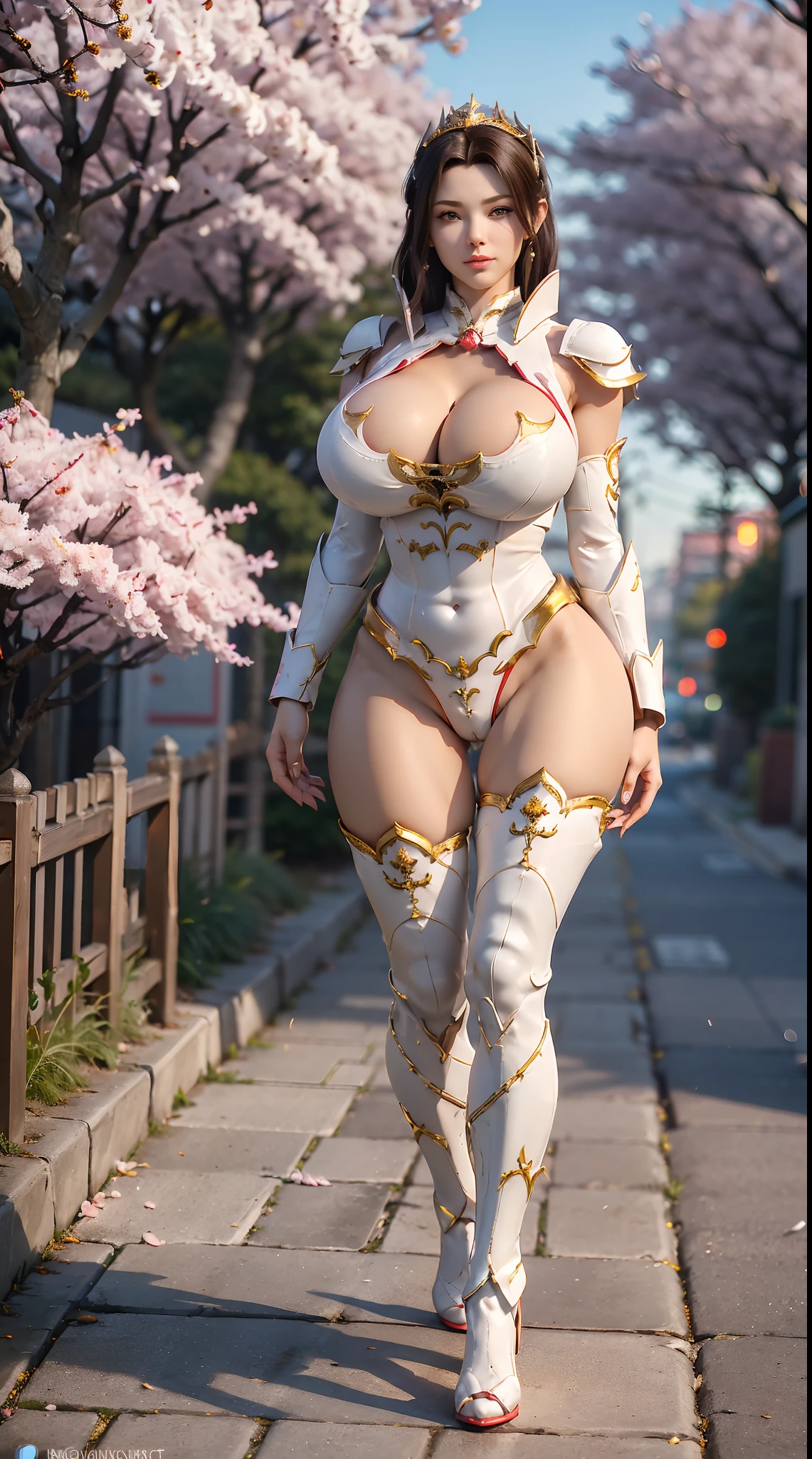 1GIRL, SOLO, (ssmile, makeup, beautifull eyes, red libs, gold dragon horn helm), (BIG BUTTOCKS, HUGE BOOBS:1.4), (DRAGON GUARD ARM, GLOVES), (white, light green), (DRAGON MECHA CYBER ARMOR SUIT, ROYAL CAPE, CLEAVAGE, SKINTIGHT HOTPANTS, HIGH HEELS:1.4), (MUSCULAR BODY, SEXY LONG LEGS, FULL BODY:1.5), (MUSCLE ABS:1.2), (LOOKING AT VIEWER:1), (WALKING DOWN ON STREET CHERRY TREES IN THE MORNING:1.3), PHYSICALLY-BASED RENDERING, ULTRA HIGHT DEFINITION, 8K, 1080P.