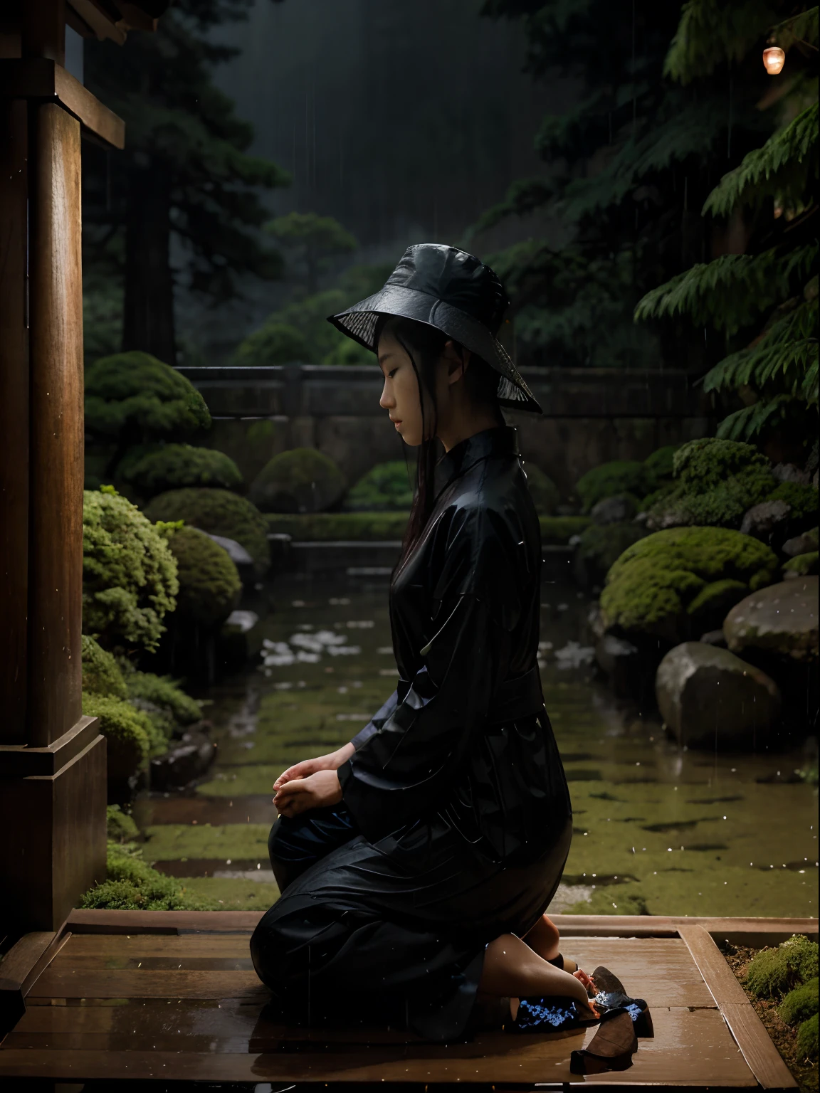Landscape format, photorealistic, Rainy night in a serene ancient temple, beautiful Japanese woman meditating, silhouette, side profile, kneeling posture, wearing traditional Japanese wide brimmed rain hat, night-time, dusk, rain, rainy, dramatic dark trees in background, moss garden, gangham style building, highly detailed hands, face and hair