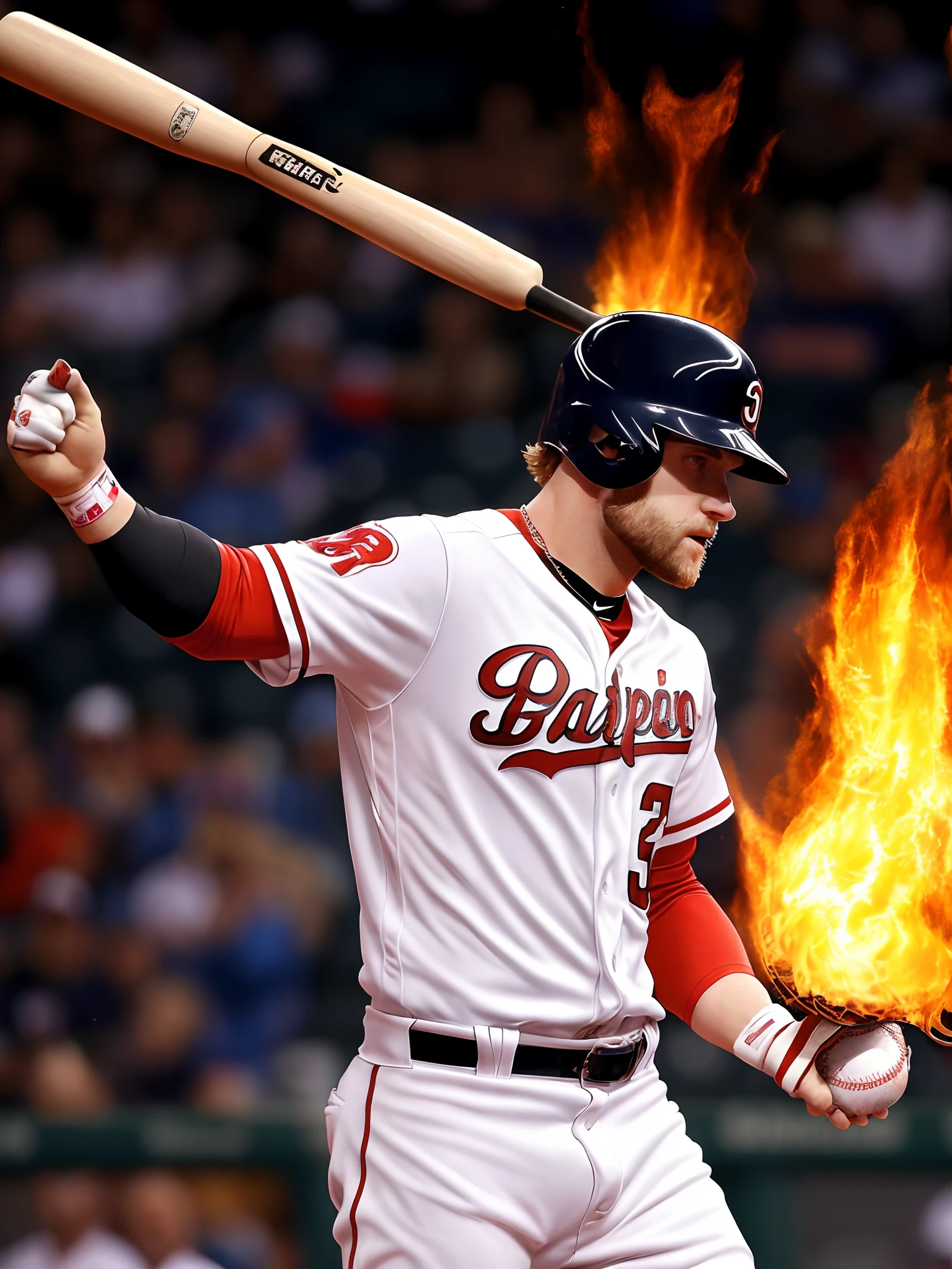 bryce harper with a bionic right arm hold a flaming baseball and a bat in his left hand