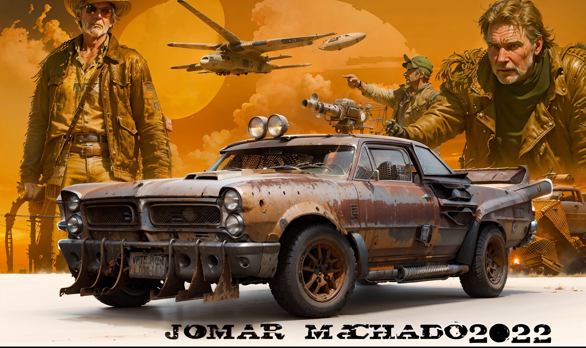 Um Grunge Pontiac fortemente armado com mísseis e metralhadoras em primeiro plano e Harrison Ford and other people in Mad max style and a flying object in the red orange sky with a great sun