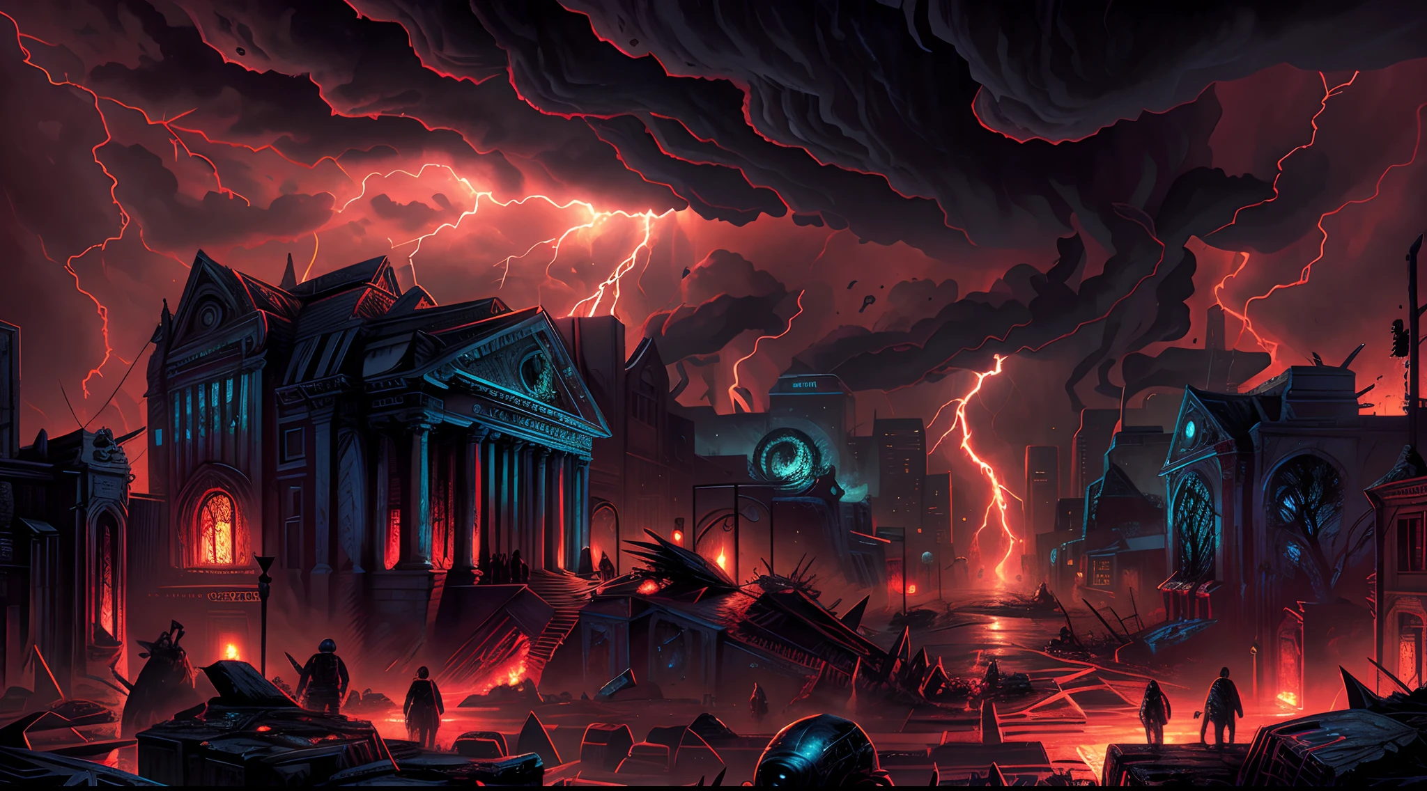 cataclysmic storming made with horror creatures, devastating a city. Horror art, unreal engine, UHD, sketch color drawing. Illustration by Dan Seagrave