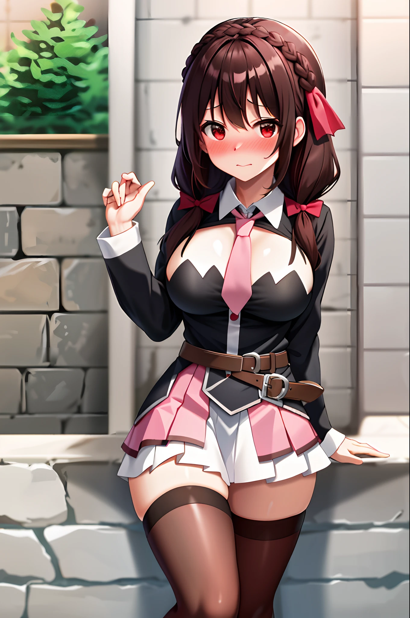 masterpiece, best quality, highres, yunyun1, 1girl, red eyes, solo, thighhighs, necktie, skirt, braid, long hair, pink necktie, large breasts, wide hips, thick thighs, belt, hair ornament, black hair, hair bow, crown braid, long sleeves, brown hair, twintails, hand up, bent down, blushing, embarrassed, mature adult, grown up, cum dripping down legs