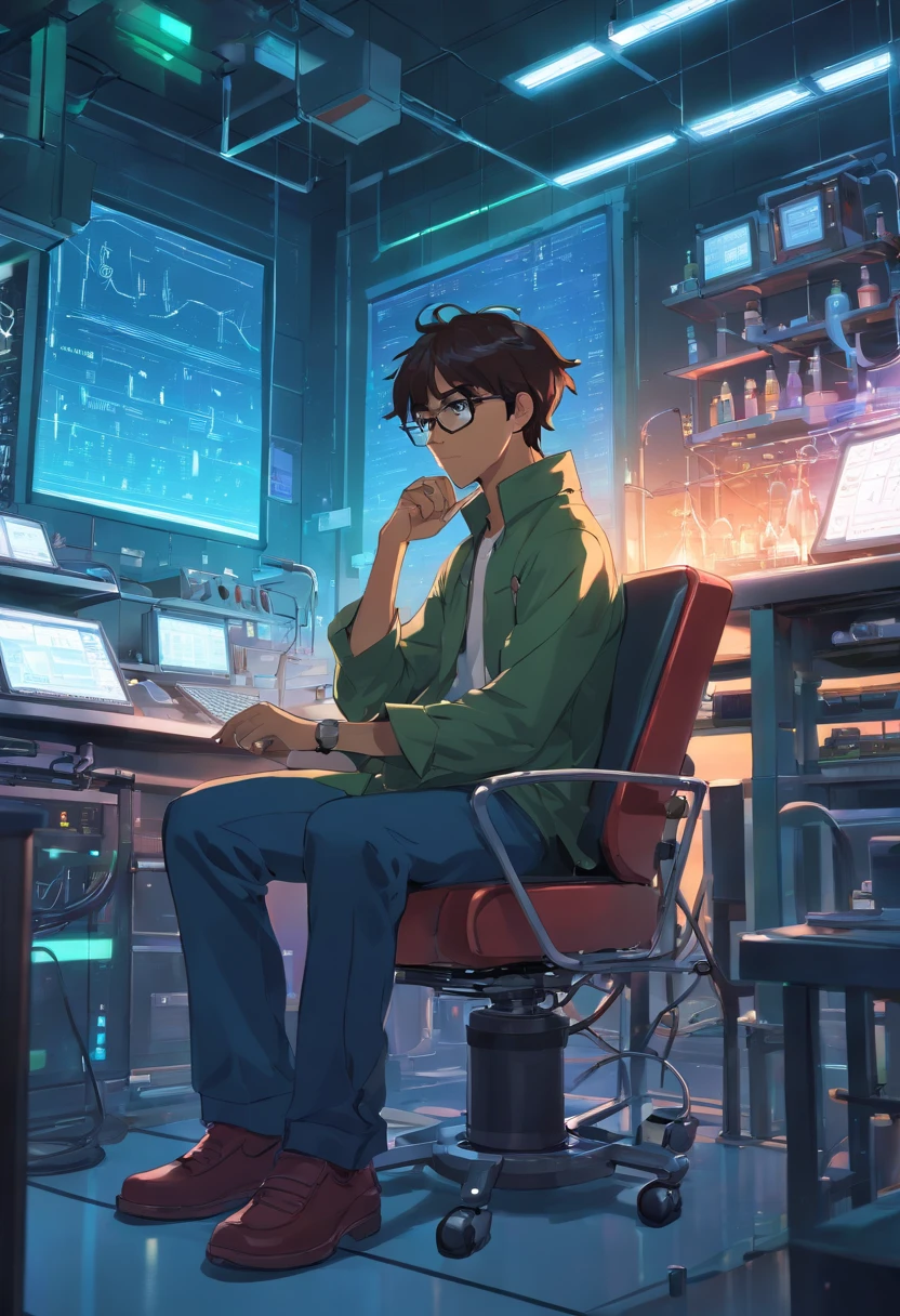 raw, wide angle, A man in a dark laboratory sitting on a chair of the future wears glasses., Reddish black skin, laboratory, hardware, Bright environment, Neon, ((cyberpunked))