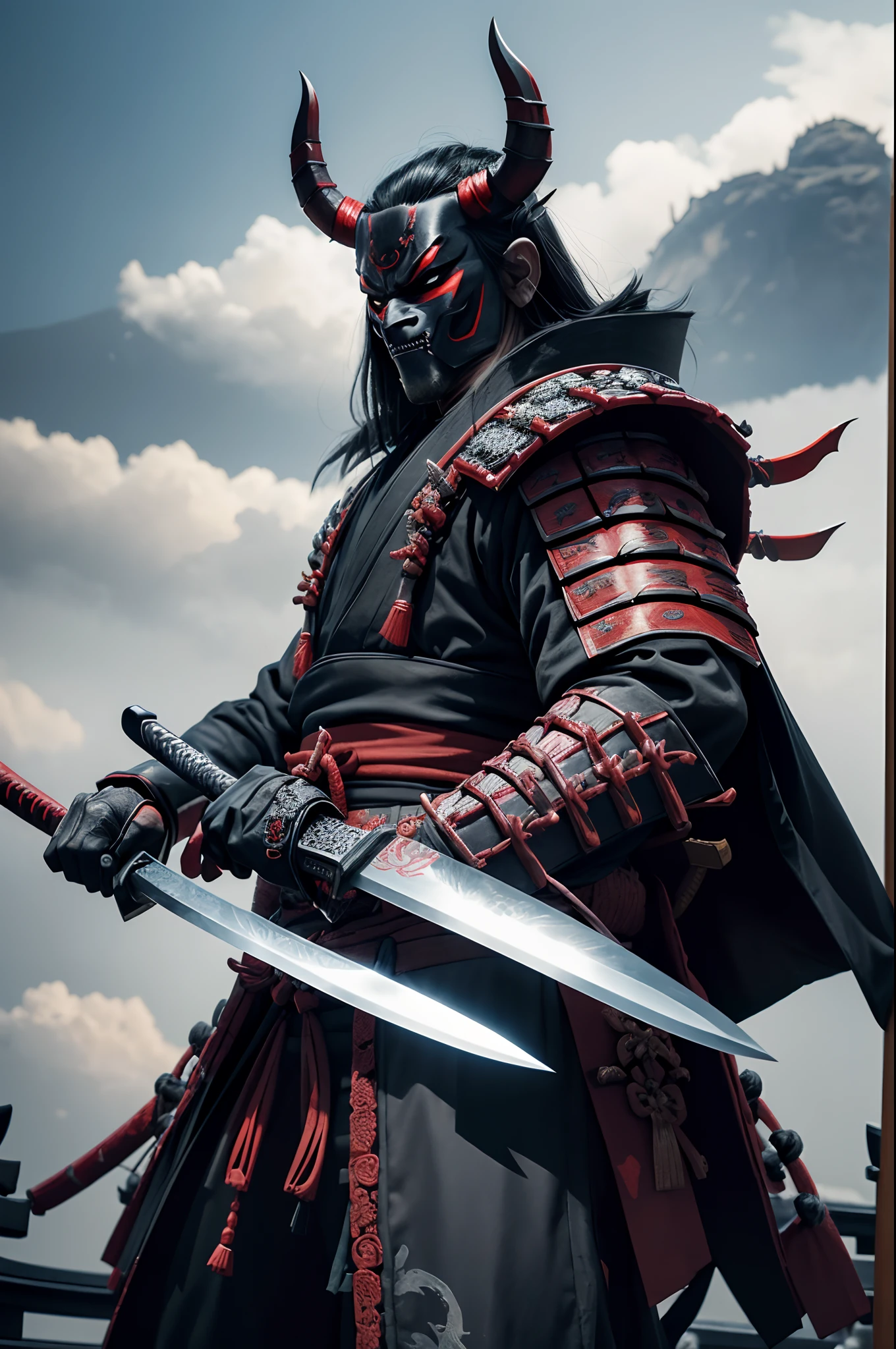 (demon samurai)、(Wearing a demon mask)、独奏、Like the whole body、(Armed with a long sharp knife)、Demon standing facing the front,magnificent artwork、((Kyoto Panel Painting Style))、Wind-effect:1.9、Cloud Effects:1.2、Full Rendering、Encaustic Painting,unrealengine,facing front