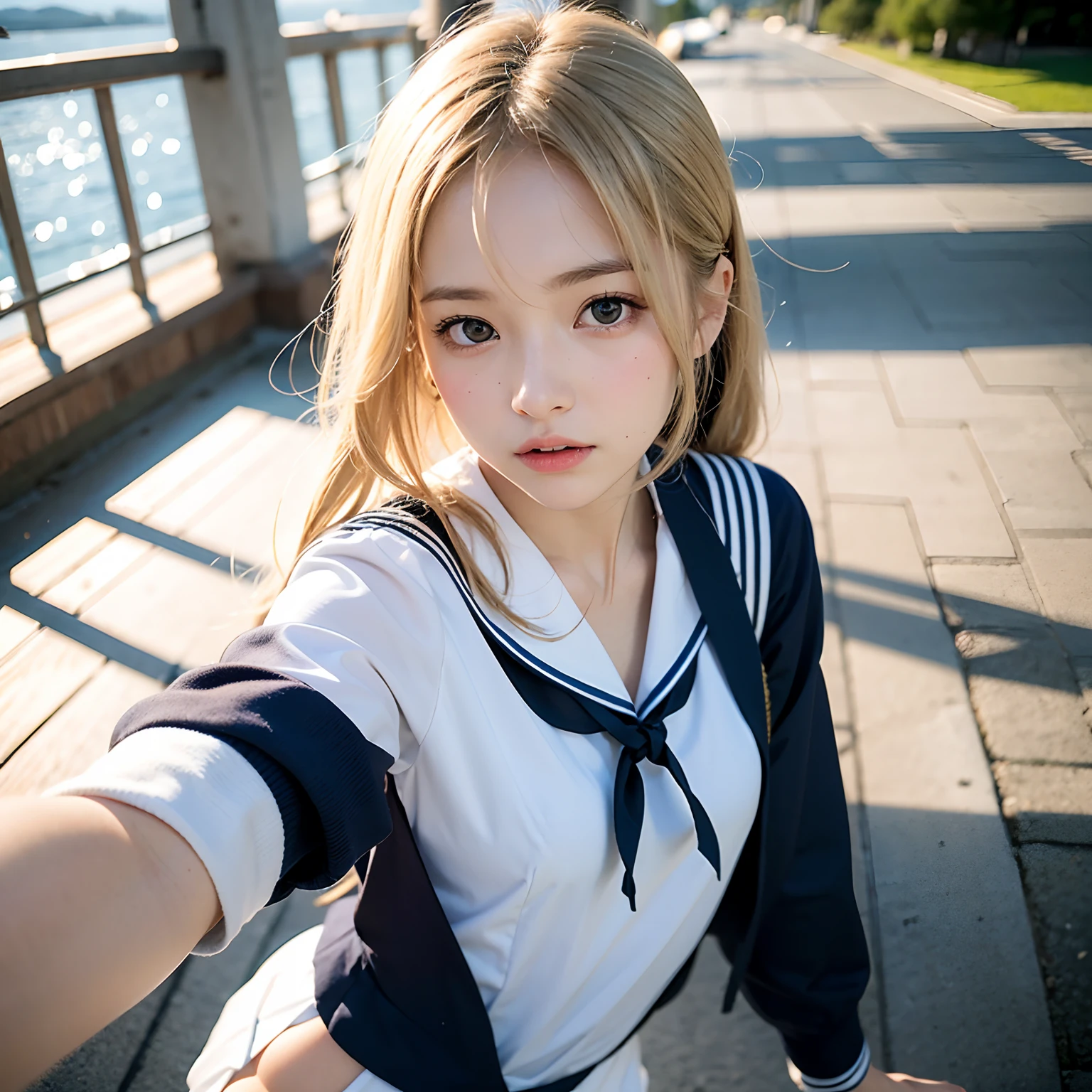 (masutepiece, Best Quality:1.2), 8K, Official art, Raw photo,Angle from directly below、Taken from directly below、Jumping、White panties 、Full Bord Bill Four、cute butt、e litrl s、Skirt flutters、skinny、14years、uievable Ridiculous, (Upper body, 校服、No sailor suit:1.4), Beautiful Girl, Pretty Face, arching back down,、a blond、Natural jumps、Sailor Suit, Short sleeve, violaceaess, Teen, Looking at Viewer, Film grain, chromatic abberation, Sharp Focus, face lights, Dynamic lighting, Cinematic lighting, Eyes and faces with detailed, Bokeh background,
