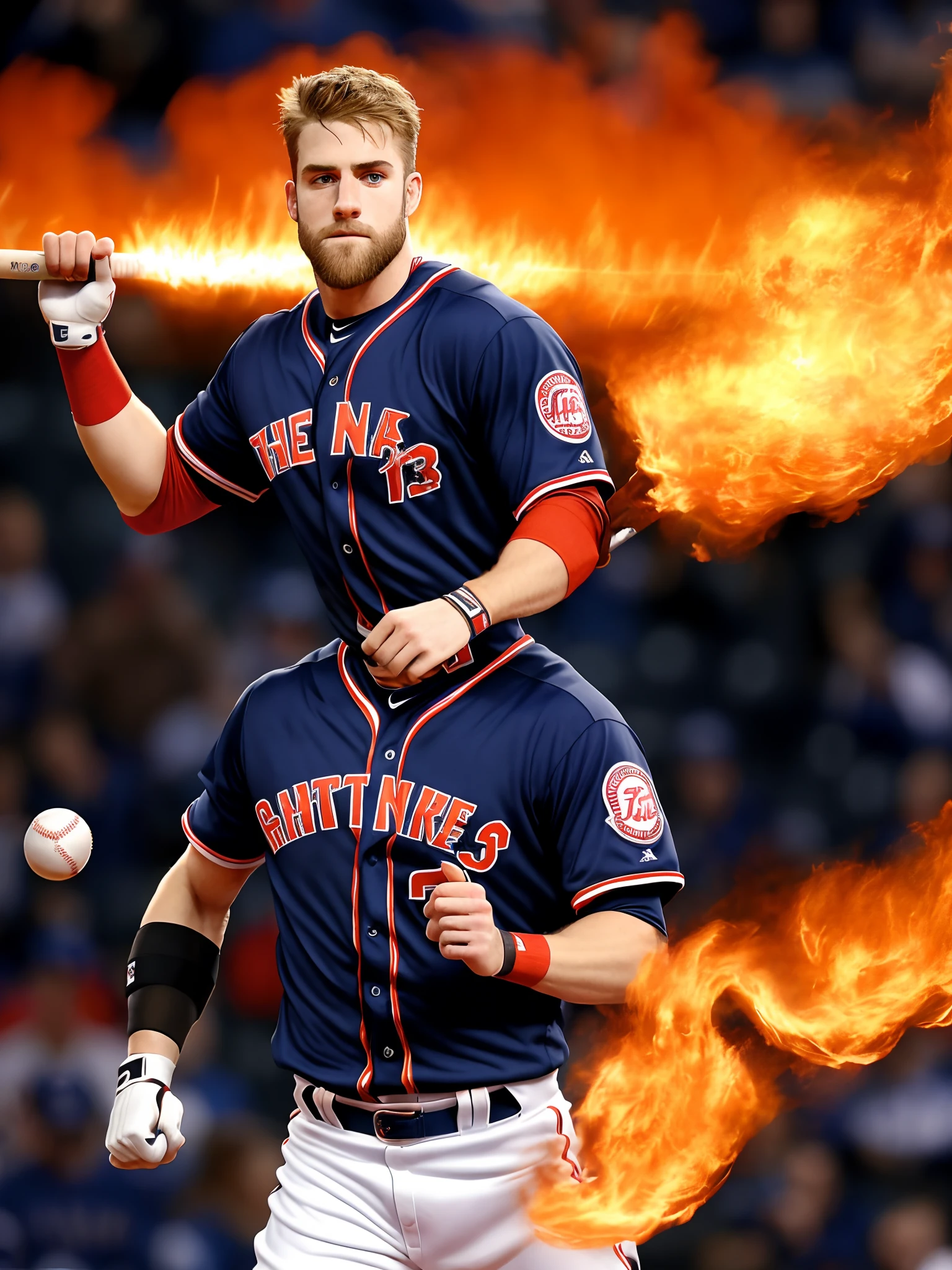 bryce harper with a bionic right arm hold a flaming baseball and a bat in his left hand