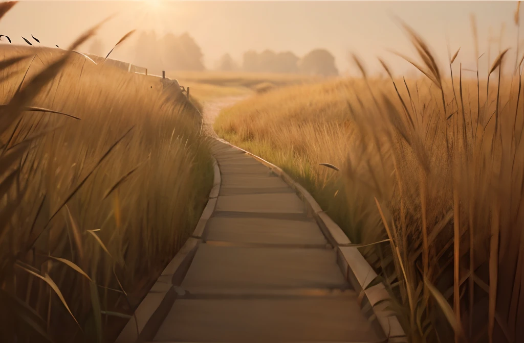 drawing of a path through a field of tall grass.photo realistic.