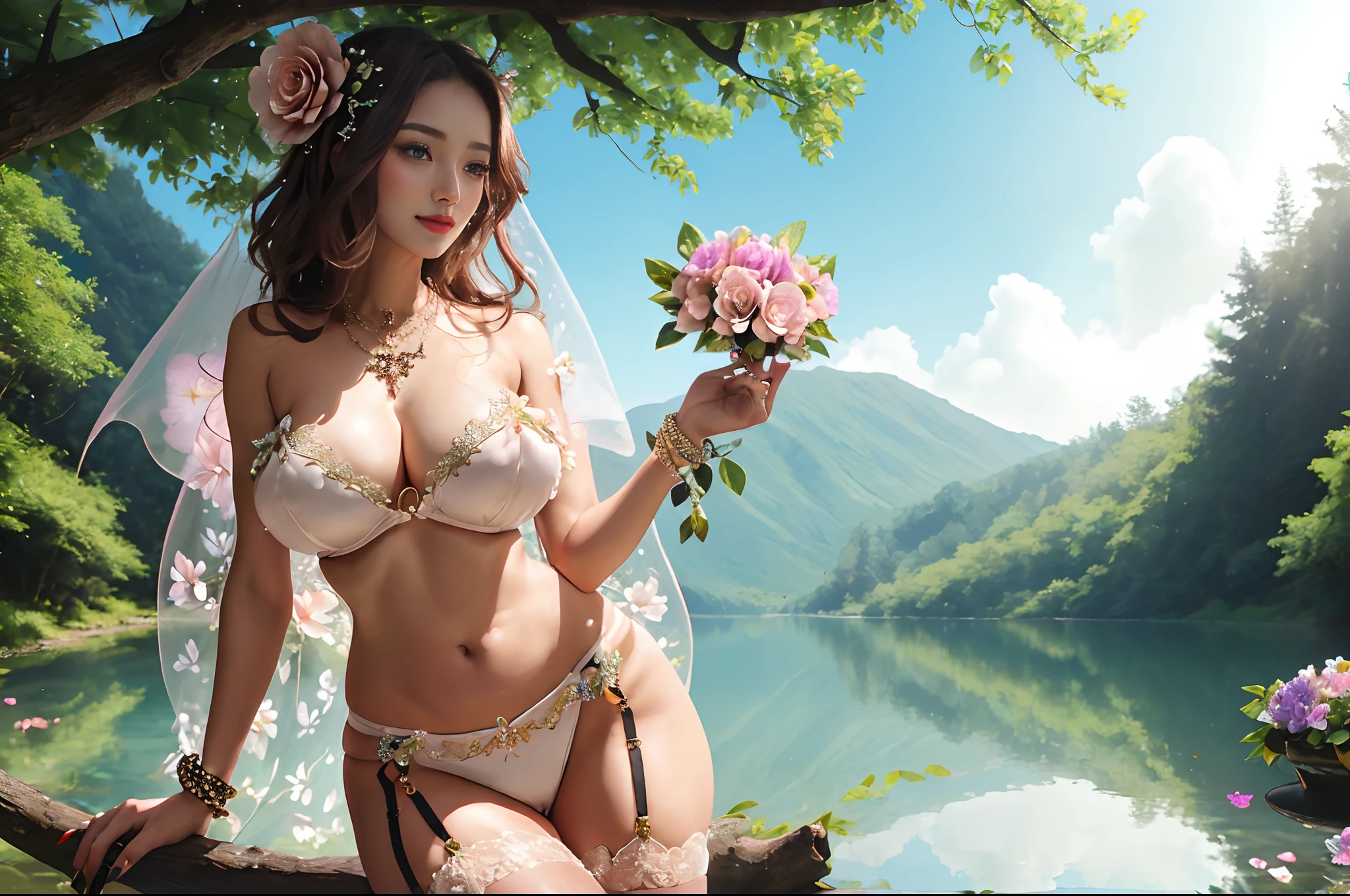 (beautifull fairy with very large breast, lift her boobs, stand on tree branch near beautifull lake) ,(strapless luxury bra), (luxury flower garter belt), (hand under boobs), (show cleaveage), (show underboobs) , (show sideboobs), (show thigh), (detailed flower underboobs ornament), (detailed luxury flower chest ornament), (detailed luxury flower arm ornament), (detail flower hips ornament), expensive detailed flower necklace, flower vase, (very large breast:1,9), beautifull lake behind, flower mountain background, detail flower forest, detail flower field, detail flower background, beautifull face, pretty face, beautifull eyes, beautifull nose, sexy lips, polished nails, raytracing, nsfw, beautifull fingers, beautifull hands, sexy belly, sexy body, sexy shoulders, sexy legs, sexy hips, (luxury bracelet), (luxury ring), (luxury necklace), black nails , blue eye, (nipples), nsfw, (4 fingers in 1 hand), white skin, full body picture, pretty makeup, blush, body tattoo,