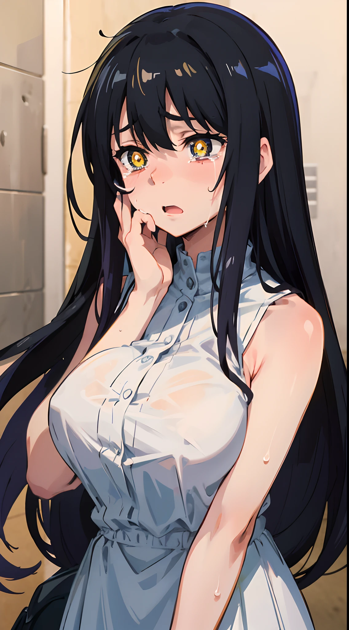(mieruko:1.3), 1girl, scared, tears, sweat drips, yellow detailed eyes, long black hair, big eyes, (open mouth:0.1), detailed pupils, hdr shadows, (elegant clothes, sleeveless).