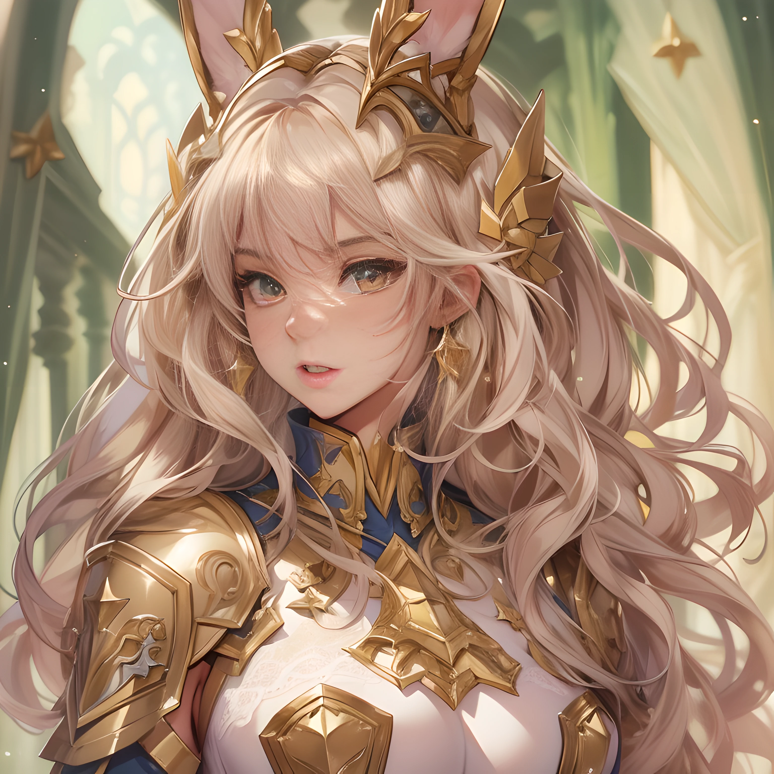 Masterpiece, Highest quality, Detailed face, CharacterDesignSheet,perfectly proportions,full bodyesbian,Full of details, Multiple poses and expressions, Highly detailed, Beautiful paladin girl,beautidful eyes,Wear a rabbit outfit,golden colored,Star decoration,Lace,lacepantyhose, High Balance,Natural light