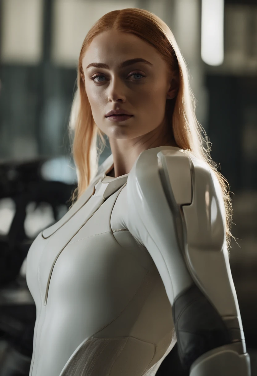 Sophie Turner,((qualidade superior、em 8K、obra prima:1.3))Vestindo um mech branco-prateado, com um rosto delicado,A mais alta qualidade de imagem,ultraclaro