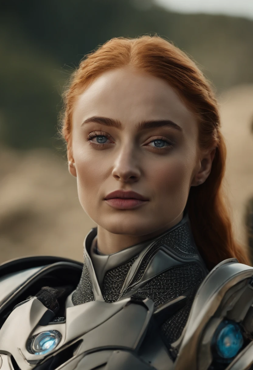 Sophie Turner,((qualidade superior、em 8K、obra prima:1.3))Vestindo um mech branco-prateado, com um rosto delicado,A mais alta qualidade de imagem,ultraclaro