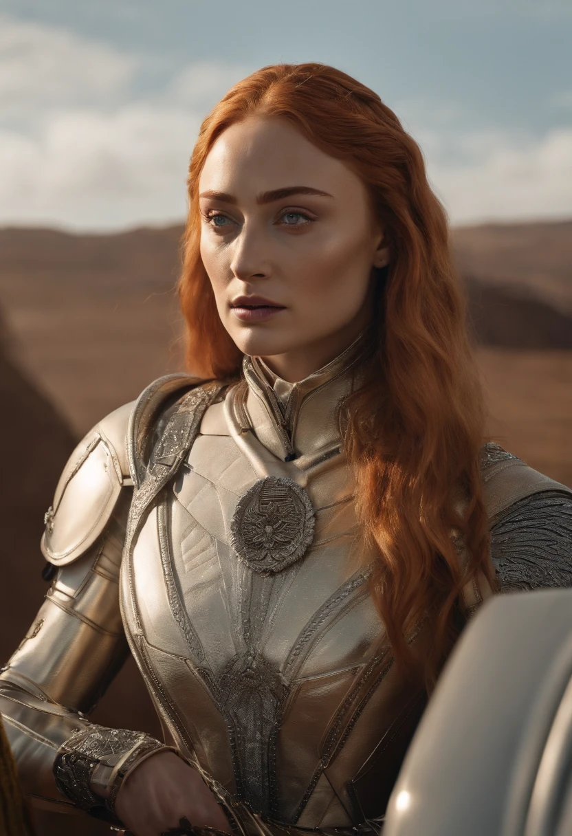 Sophie Turner,((qualidade superior、em 8K、obra prima:1.3))Vestindo um mech branco-prateado，Menina com um rosto delicado，A mais alta qualidade de imagem，ultraclaro