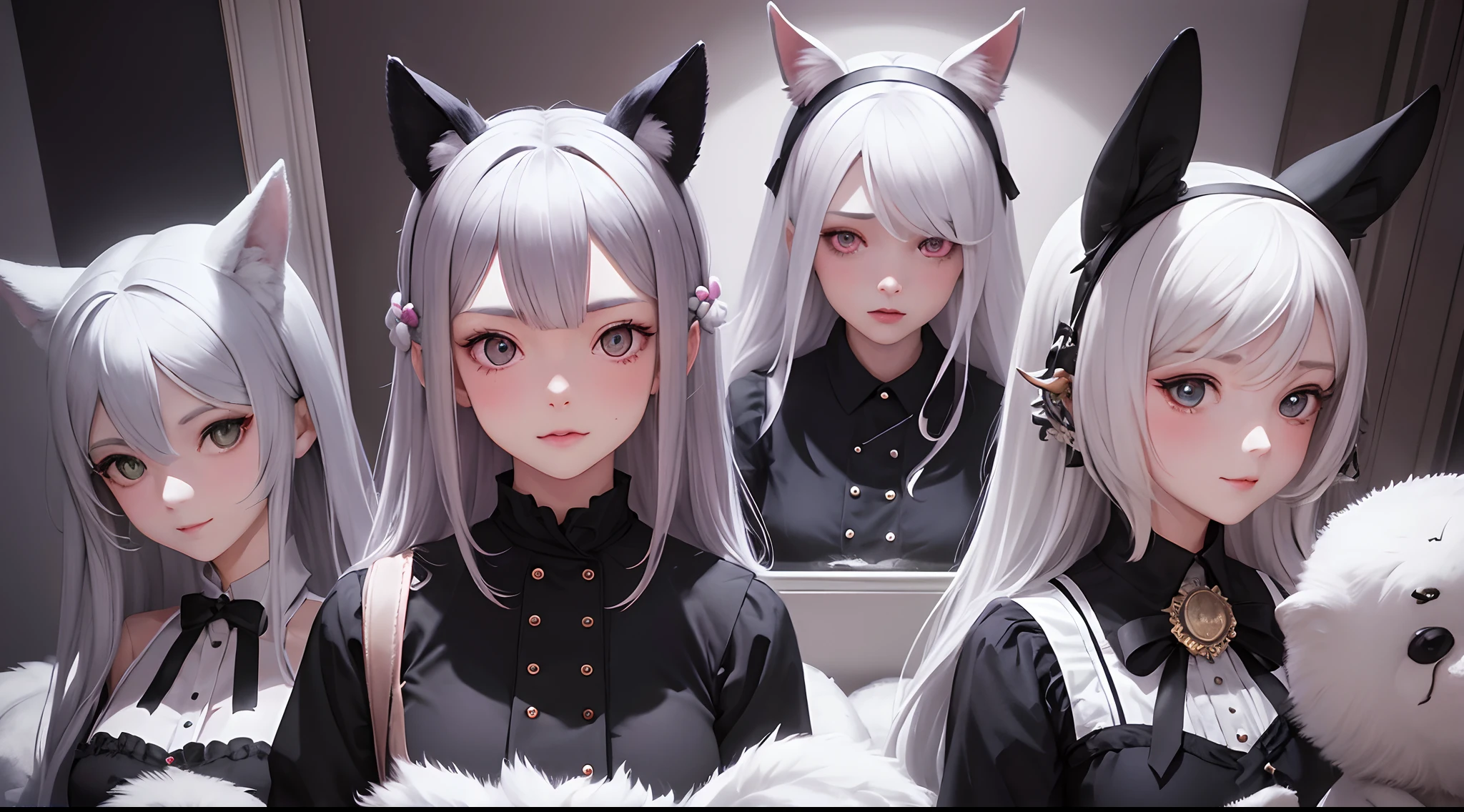 hair bobbles, long eyelasher, solid circle eyes, Fake animal ears, Light smile, Ear blush, Fang, Silver hair, Hairline, surrealism, shadowing, anaglyph, stereograms, tachi-e, angle of view, Atmospheric perspective, High detail, Cinematic lighting, 8K, Super detail, ccurate, Best quality, A high resolution, Masterpiece, All over the body, Single, The whole body is in the mirror, The background changes randomly, Cute action,