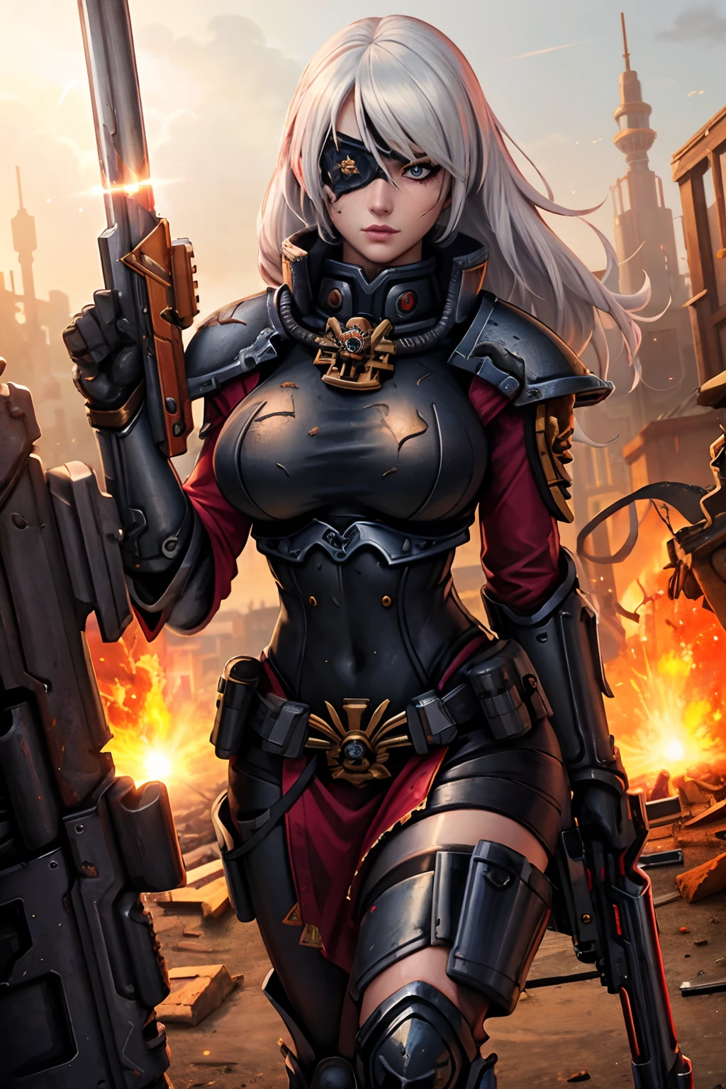 (masterpiece:1.2), (best quality:1.2), perfect eyes, perfect face, perfect lighting, 1girl, mature whsororitas with a laser rifle in her hands, scar over one eye, eyepatch, red tabard, white hair, warhammer 40k, chaos, fire, scifi, detailed ruined city background, power armor