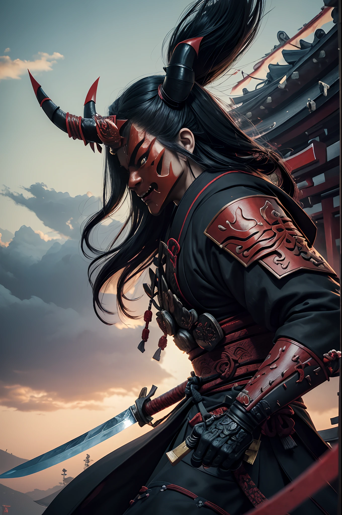(demon samurai)、(Wearing a demon mask)、solo women、Like the whole body、(Armed with a long sharp knife)、Stand facing the front,magnificent artwork、((Kyoto Panel Painting Style))、Wind-effect:1.9、Cloud Effects:1.2、Full Rendering、Encaustic Painting,unrealengine,