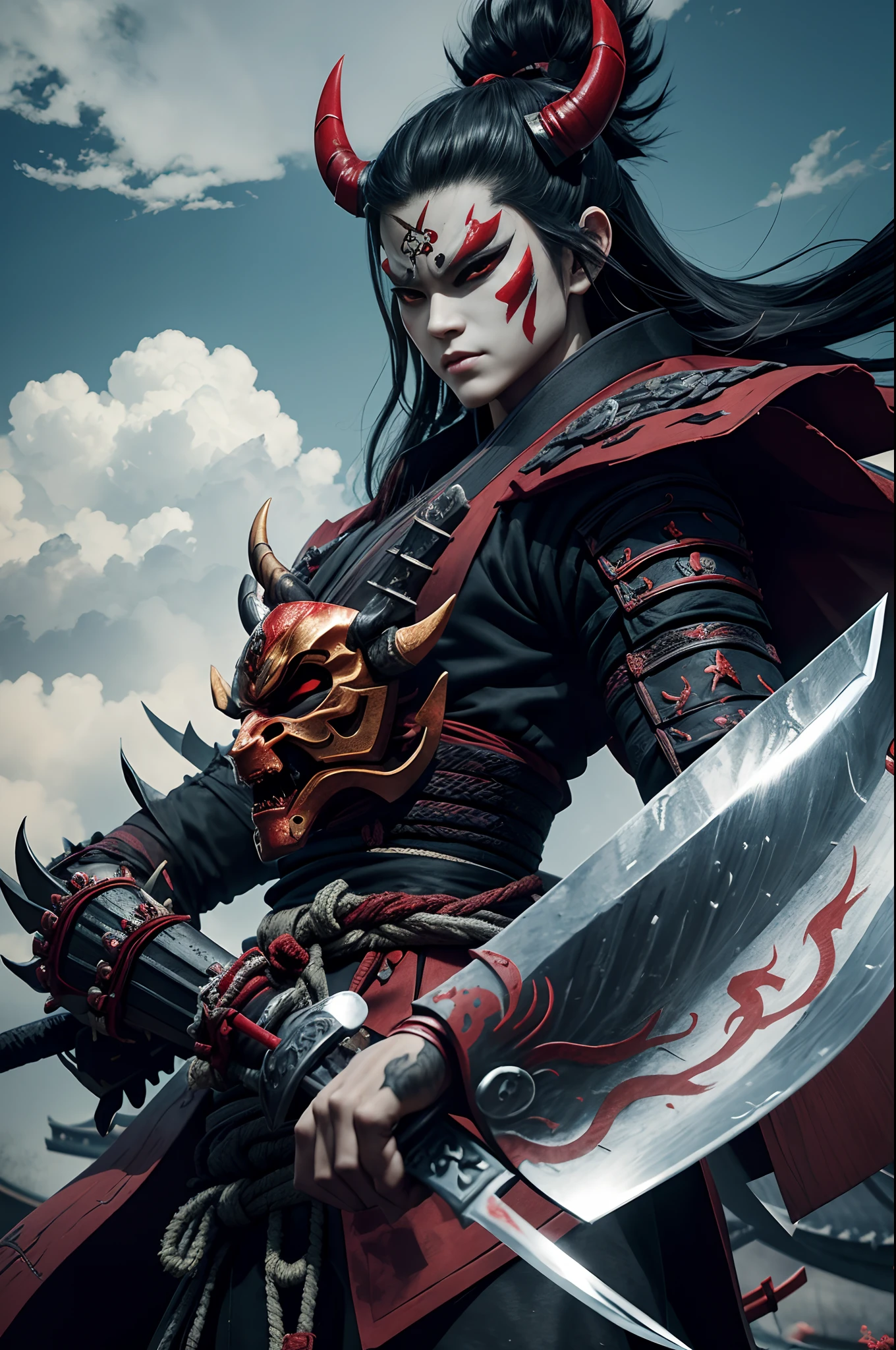 (demon samurai)、(Wearing a demon mask)、solo women、Like the whole body、(Armed with a long sharp knife)、Stand facing the front,magnificent artwork、((Kyoto Panel Painting Style))、Wind-effect:1.9、Cloud Effects:1.2、Full Rendering、Encaustic Painting,unrealengine,