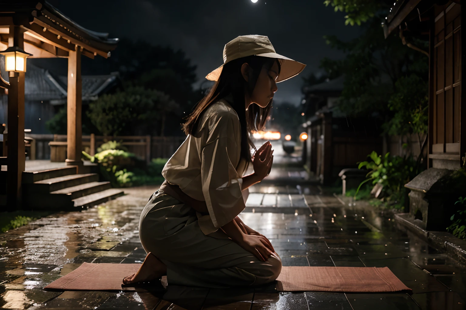 Landscape format, photorealistic, Rainy night in a serene ancient temple, beautiful Japanese woman meditating on left side of image, silhouette, side profile, kneeling posture, kneeling on a mat, wearing traditional Japanese wide brimmed rain hat, night-time, dusk, rain, rainy, dark trees in background, gangham style building on right side of image, highly detailed hands, face and hair