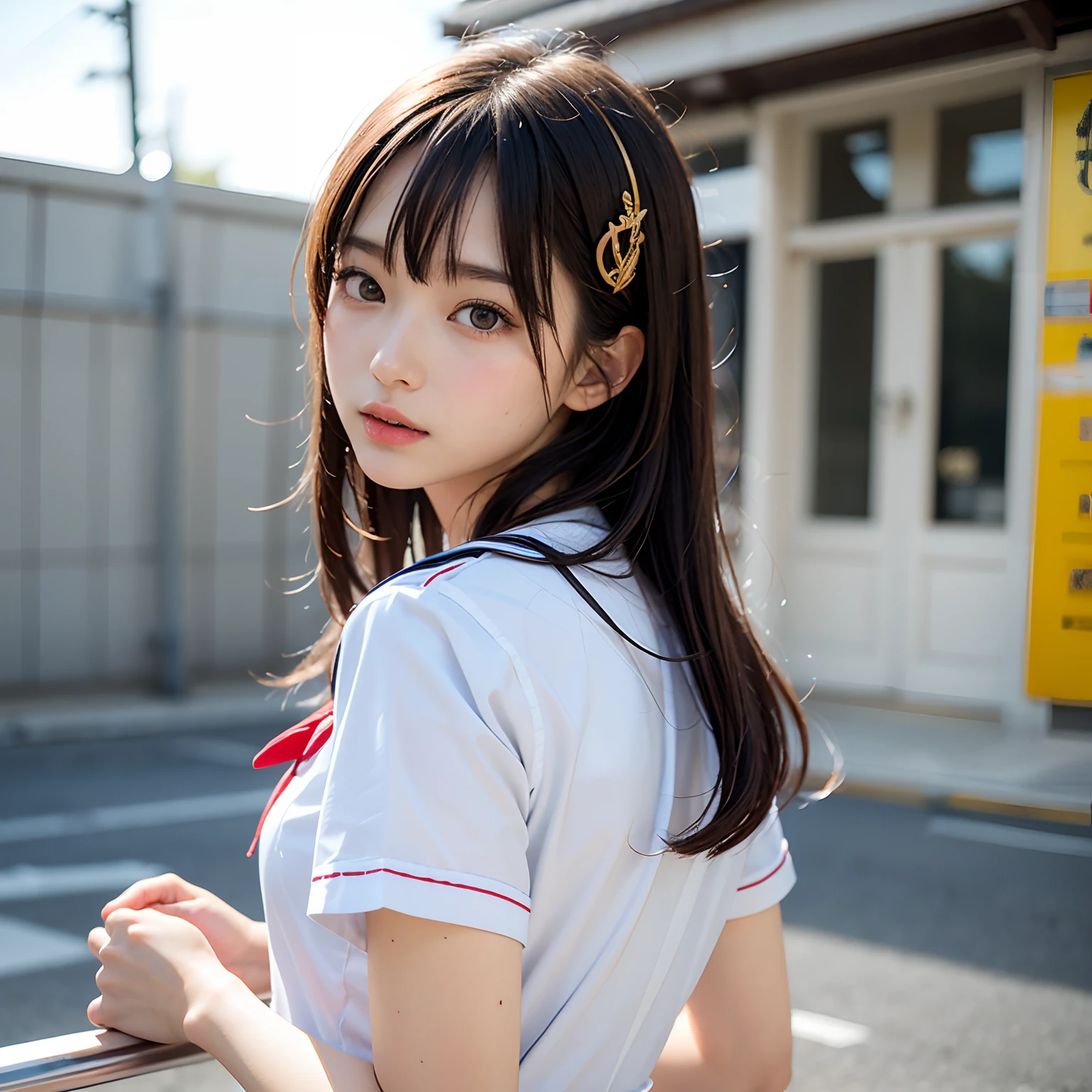 (masutepiece, Best Quality:1.2), 8K, Official art, Raw photo, Full Baudeville Four、cute butt、Back angle、On the way to take off the uniform、turned around、skinny、14years、small tits、unbelievable Ridiculous, (Upper body, 校服、a sailor suit:1.4), Beautiful Girl, Pretty Face, arching back down,、Gold hair ornament on hair、close up, Sailor Suit, Short sleeve, violaceaess, Teen, Street, Looking at Viewer, Film grain, chromatic abberation, Sharp Focus, face lights, Dynamic lighting, Cinematic lighting, Eyes and faces with detailed, Bokeh background,