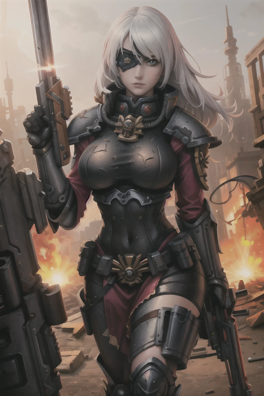 (masterpiece:1.2), (best quality:1.2), perfect eyes, perfect face, perfect lighting, 1girl, mature whsororitas with a laser rifle in her hands, scar over one eye, eyepatch, red tabard, white hair, warhammer 40k, chaos, fire, scifi, detailed ruined city background, power armor, short hair