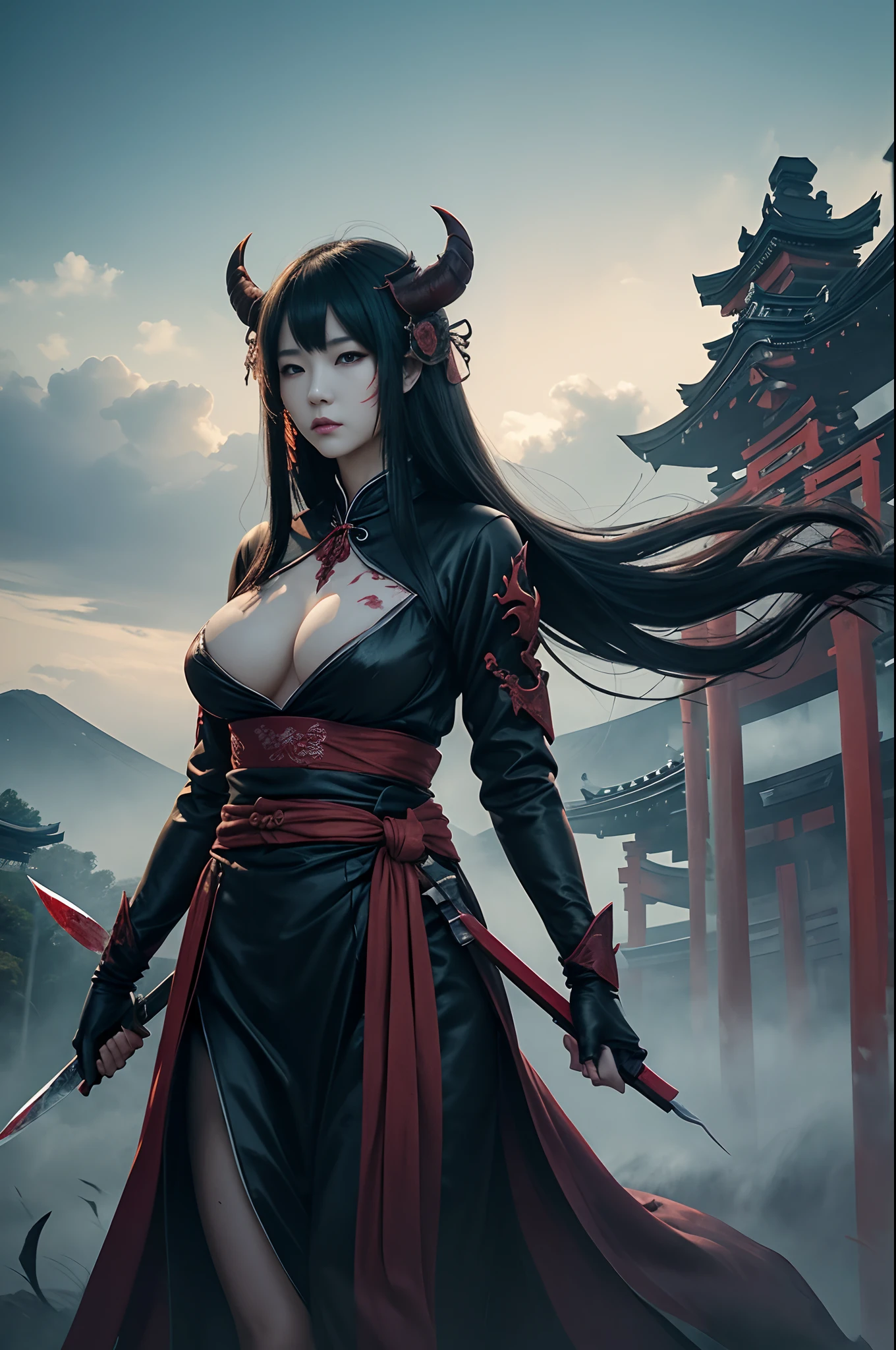 (Female ghost attendant)、(Wearing a demon mask)、Solo Adult Woman、Like the whole body、(Armed with a long sharp knife)、Mature breasts big female demon.Stand facing the front,magnificent artwork、((Kyoto Panel Painting Style))、Wind-effect:1.9、Cloud Effects:1.2、Full Rendering、Encaustic Painting,unrealengine,