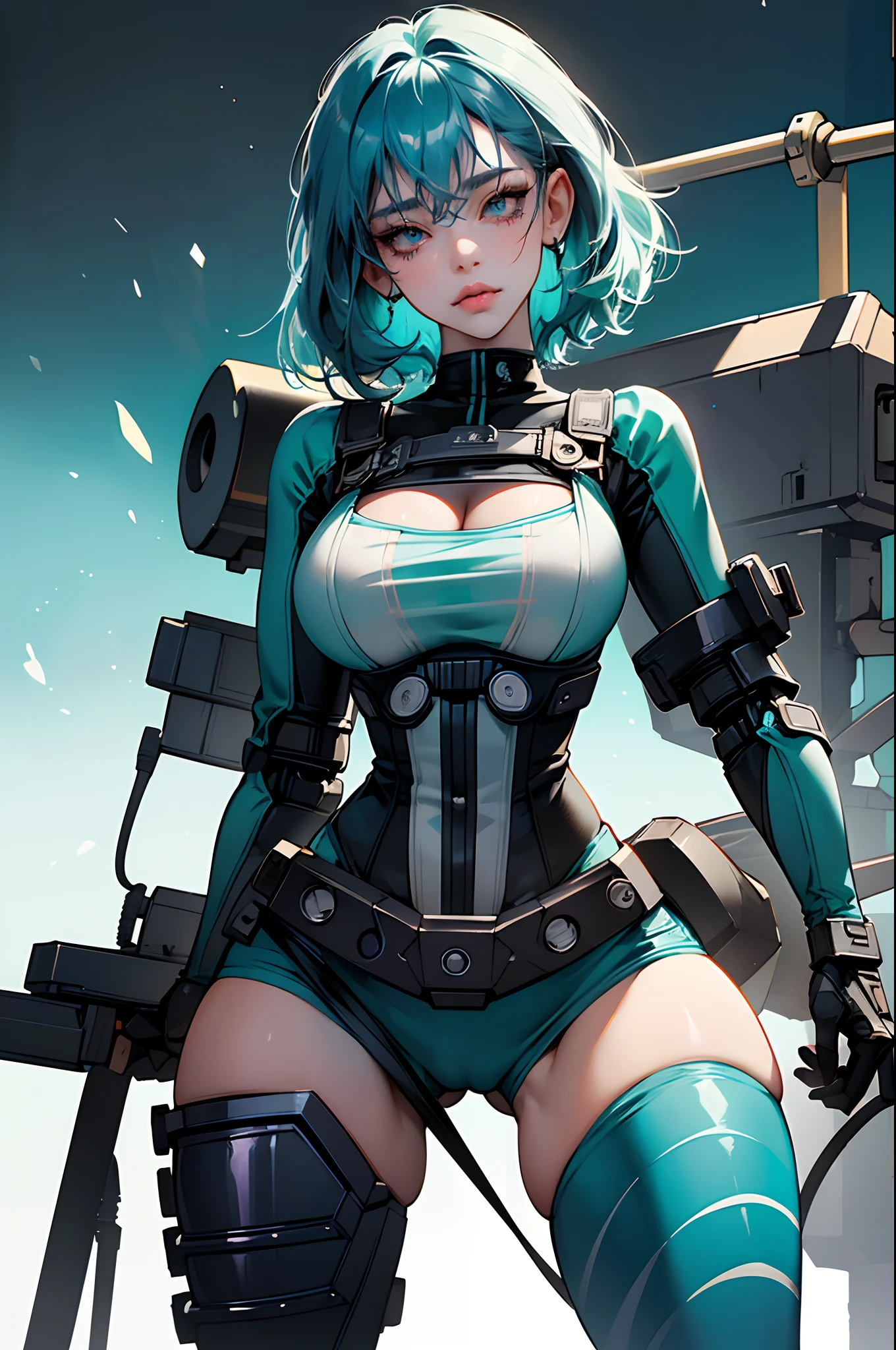 Teal hair, pussy sex slave tattoo, (hairy pussy:1.3), lifting up her shirt, sexy bra, (gigantic breasts), 4k, detailed face, anime stlye girl with large bright highly detailed gray eyes, wild short pixy hair cut hair style, wearing a blue and white skin tight long sleeve painted on top, sexy tongue, (robotic legs).