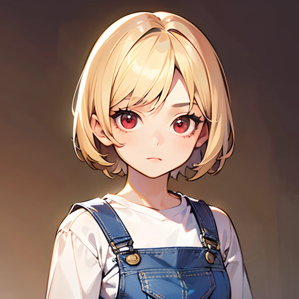 1littlegirl, short blonde hair, red eyes, dungarees, bored expression, solo, best quality, masterpiece, portrait, simple background, looking at the camera, from the front, 1result, vibrant, detailed, perfect anatomy, detailed art, high definition, 4k, high resolution