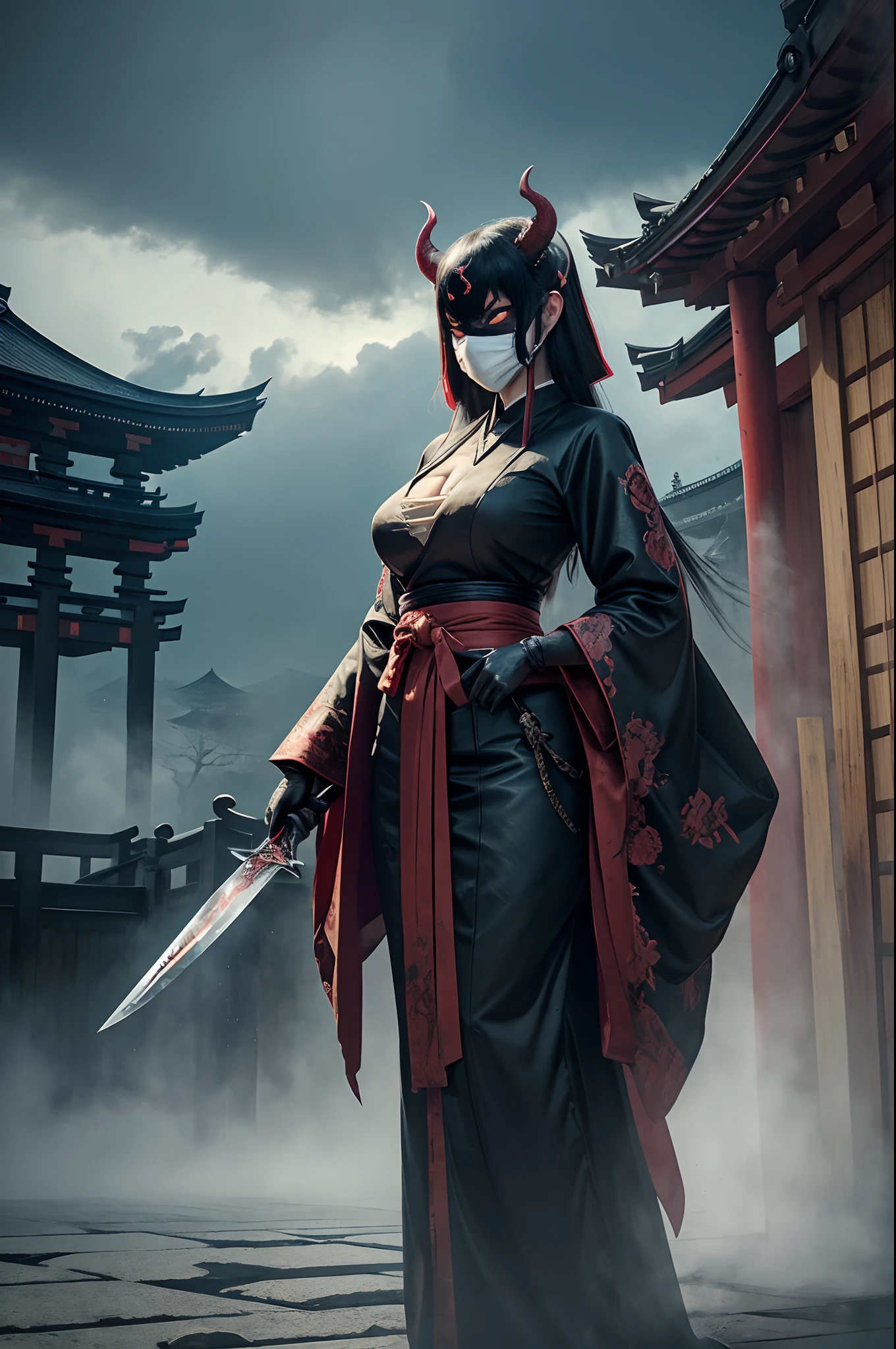(Female ghost attendant)、(Wearing a demon mask)、Solo Adult Demon Woman、Like the whole body、(Armed with a long sharp knife)、Mature breast big female demon.Stand facing the front,magnificent artwork、((Kyoto Panel Painting Style))、Wind-effect:1.9、Cloud Effects:1.2、Full Rendering、Encaustic Painting,unrealengine,