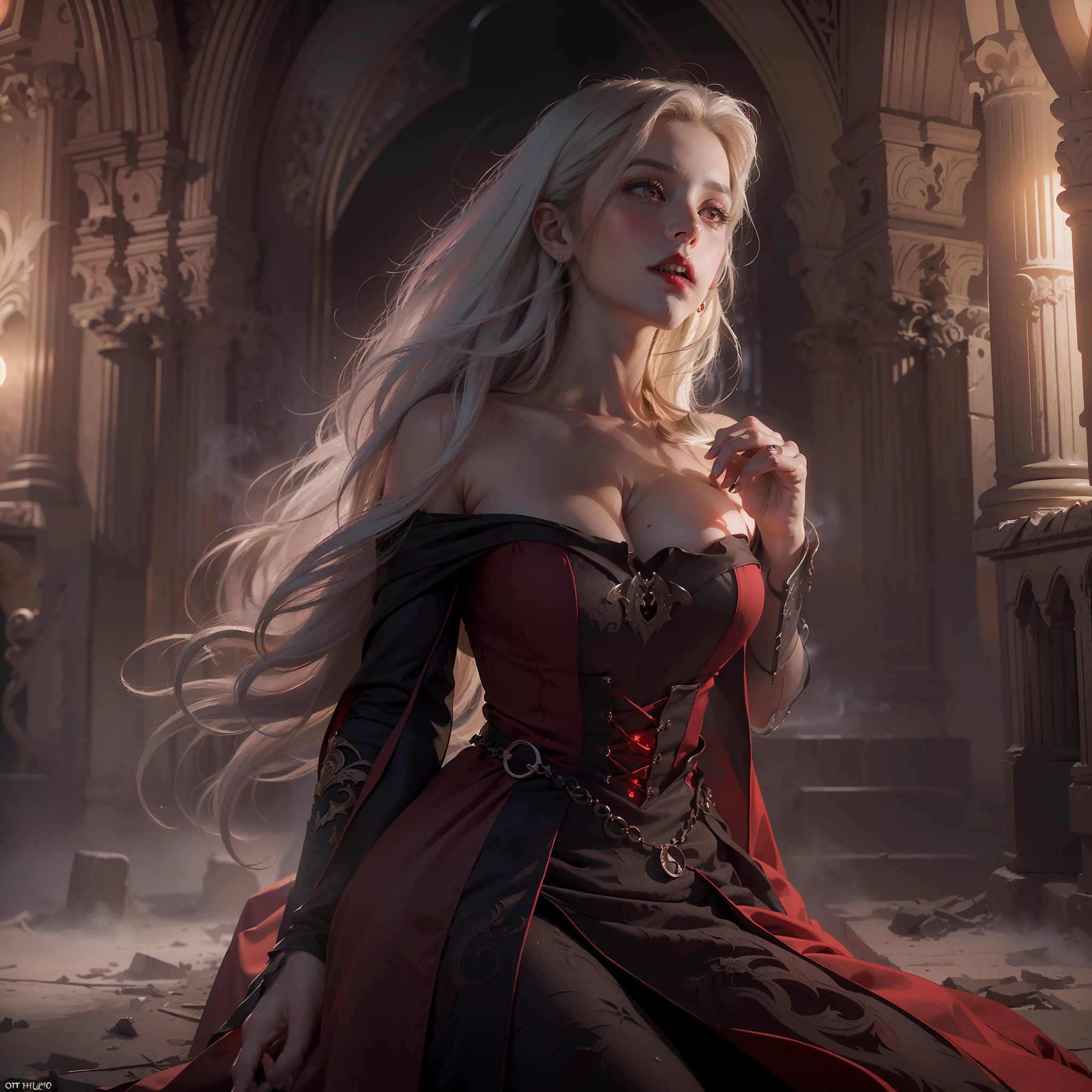 (Numerous award-winning masterpieces, with incredible detail, textures and maximum detail), (hyper realistic:1.4), (realistic:1.3), (best quality real texture skin), ((five perfect and beautiful fingers)), (finely detailed true circle Symmetrical eyes), (finely Detailed and beautiful face:1.6), ((finely detailed face)), (Image of aesthetic and decadent atmosphere: 1.5), (Pale but beautiful face:1.6),  (Full body image:1.7), (Vampire nobility:1.6), (Vampire royalty:1.6), (bio luminescent red eyes), (A pair of red eyes with strong red light emitting from within:1.7), (Two thick, long, sharp canine teeth protruding from the lips:1.6), (An old dress of subdued dark colors covering the entire body Quite damaged but elegant and delicately made:1.8), ((only have two arms)), (elegant and luxuriously crafted accessories:1.3), ((Less skin exposure)), (Anatomically correct limbs and physique:1.4), (medieval furnishings with elegant and delicate carvings: 1.3), ((dramatic photo)), ((cinematic light)), (Full-length portrait:1.7), (looks up), (looking down), (dramatic pose), (smoke effects and bewitching light), beautiful white hair, beautiful silver hair, beautiful blonde hair, Wind Effects, (Drifting purple smoke: 1.3), Ruins of an old castle, ((Royal Underground Tombs)), Deserted ruins, ((Dark nights, full moon nights, new moon nights)), epic realistic, ((neutral colors)), (hdr:1.5), (muted colors:1.2), hyper detailed, cinematic, warm lights, dramatic light, (intricate details:1.1), complex background,