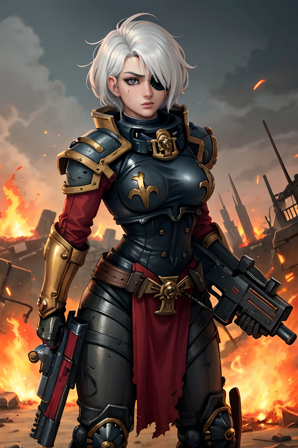 masterpiece:1.2), (best quality:1.2), perfect eyes, perfect face, perfect lighting, 1girl, mature Sororitas with a laser rifle in her hands, scar over one eye, eyepatch, red tabard, white hair, Warhammer 40k, chaos, fire, sci-fi, detailed ruined city background, power armor, short hair