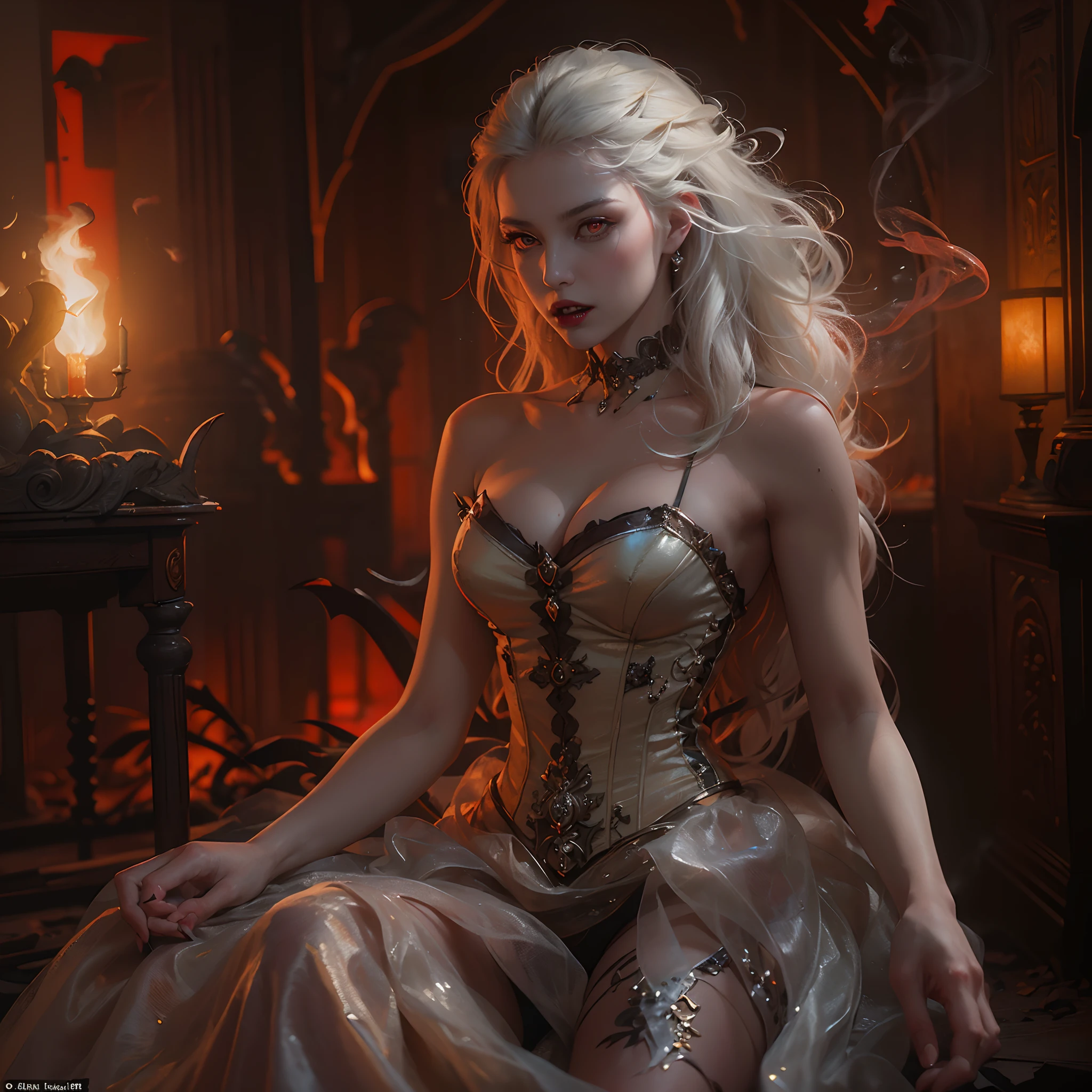 (Numerous award-winning masterpieces, with incredible detail, textures and maximum detail), (hyper realistic:1.4), (realistic:1.3), (Full body image:1.7), (upper body up:0.3), (best quality real texture skin), (five perfect and beautiful fingers:1.8), (Vampire nobility:1.6), (Vampire royalty:1.6), (Two thick, long, sharp vampire teeth protruding from the lips: 1.7), (finely detailed true circle Symmetrical eyes), (finely Detailed and beautiful face:1.6), (Image of aesthetic and decadent atmosphere: 1.6), (fair but beautiful skin and face: 1.6), (wearing many decadent and delicately crafted accessories: 1.8), (elegant and finely carved medieval rooms and furniture: 1.8), (Bio luminescent bright red eyes: 1.7), (Depraved Beauty: 1.6), (A pair of red eyes with strong red light emitting from within:1.7), (old luxurious dress in a calm dark color that covers the whole body is considerably damaged, but elegant and delicately made: 1.8), (elegant and luxuriously crafted accessories:1.8), (Less skin exposure:1.5), (Strong moonlight coming in from outside: 1.7), ((dramatic photo)), ((cinematic light)), (Full-length portrait:1.7), (looks up), (looking down), (dramatic pose), (smoke effects and bewitching light:1.4), beautiful white hair, beautiful silver hair, beautiful blonde hair, Wind Effects, (Drifting purple smoke: 1.3), Ruins of an old castle, Royal Underground Tombs, (dilapidated mansion:1.6), ((Dark nights, full moon nights, new moon nights)), epic realistic, faded, ((neutral colors)), art, (hdr:1.5), (muted colors:1.2), hyper detailed, (art station:1.5), cinematic, warm lights, light effect, dramatic light, (intricate details:1.1), complex background, (Greg rutkowski:0.8), (teal and orange:0.4),