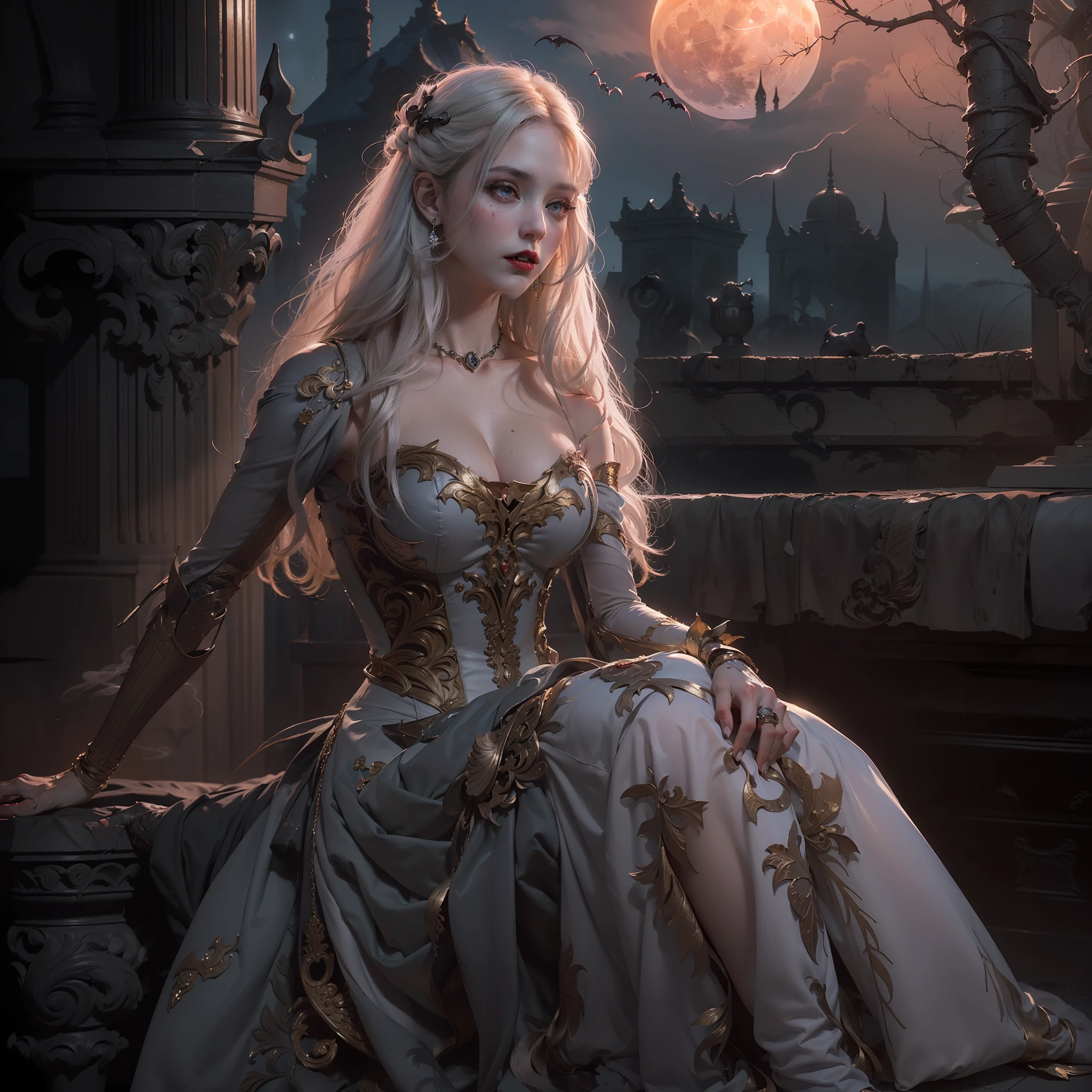 (Numerous award-winning masterpieces, with incredible detail, textures and maximum detail), (hyper realistic:1.4), (realistic:1.3), (Full body image:1.7), (upper body up:0.4), (best quality real texture skin), ((five perfect and beautiful fingers)), (Anatomically correct limbs and physique:1.5), (finely detailed true circle Symmetrical eyes), (finely Detailed and beautiful face:1.6), ((finely detailed face)), (Image of aesthetic and decadent atmosphere: 1.5), (Pale but beautiful face:1.6), (Vampire nobility:1.6), (Vampire royalty:1.6), (medieval furnishings with elegant and delicate carvings: 1.3), (Bio luminescent bright red eyes: 1.5), (A pair of red eyes with strong red light emitting from within:1.7), (Two thick, long, sharp canine teeth protruding from the lips:1.7), (old dress of subdued dark colors covering the entire body Quite damaged but elegant and delicately made:1.8), ((only have two arms)), (elegant and luxuriously crafted accessories:1.3), ((Less skin exposure)), ((dramatic photo)), ((cinematic light)), (Full-length portrait:1.7), (looks up), (looking down), (dramatic pose), (smoke effects and bewitching light:1.4), beautiful white hair, beautiful silver hair, beautiful blonde hair, Wind Effects, (Drifting purple smoke: 1.3), Ruins of an old castle, ((Royal Underground Tombs)), dilapidated mansion, ((Dark nights, full moon nights, new moon nights)), epic realistic, ((neutral colors)), (hdr:1.5), (muted colors:1.2), hyper detailed, cinematic, warm lights, dramatic light, (intricate details:1.1), complex background,