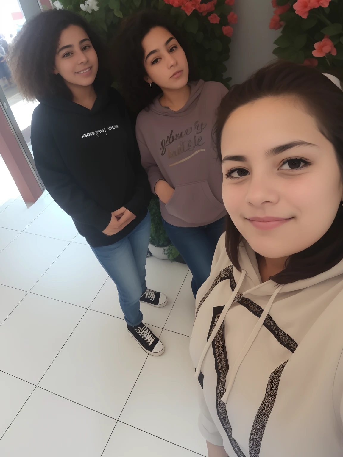 Three women standing in front of a wall of flowers and plants, em um shopping, dessaturados!!, em um shopping, com rostos molhados!!, Selfie!!!!!, Beautiful girls, non blurry, wearing jeans and a black hoodie, imagem antiga, imagem de qualidade muito baixa, vacation photo, iphone Selfie, belos arredores, Colegas, foto de baixa qualidade, divertindo-se