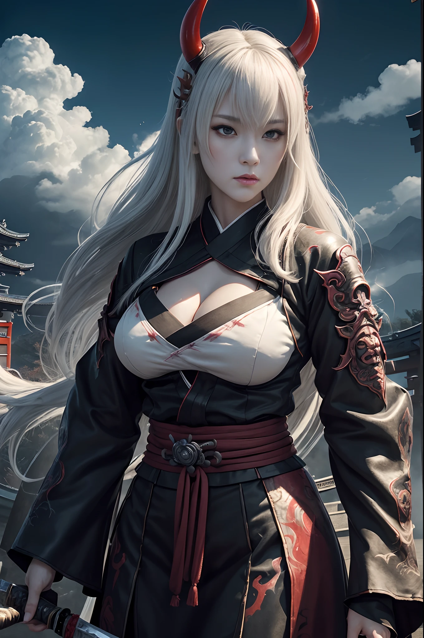 (Female ghost attendant)、(Wearing a demon mask)、Solo Adult Demon Woman、Like the whole body、(Armed with a large Japan sword)、Mature breast big female demon.Stand facing the front,magnificent artwork、((Kyoto Panel Painting Style))、Wind-effect:1.9、Cloud Effects:1.2、Full Rendering、Encaustic Painting,unrealengine,