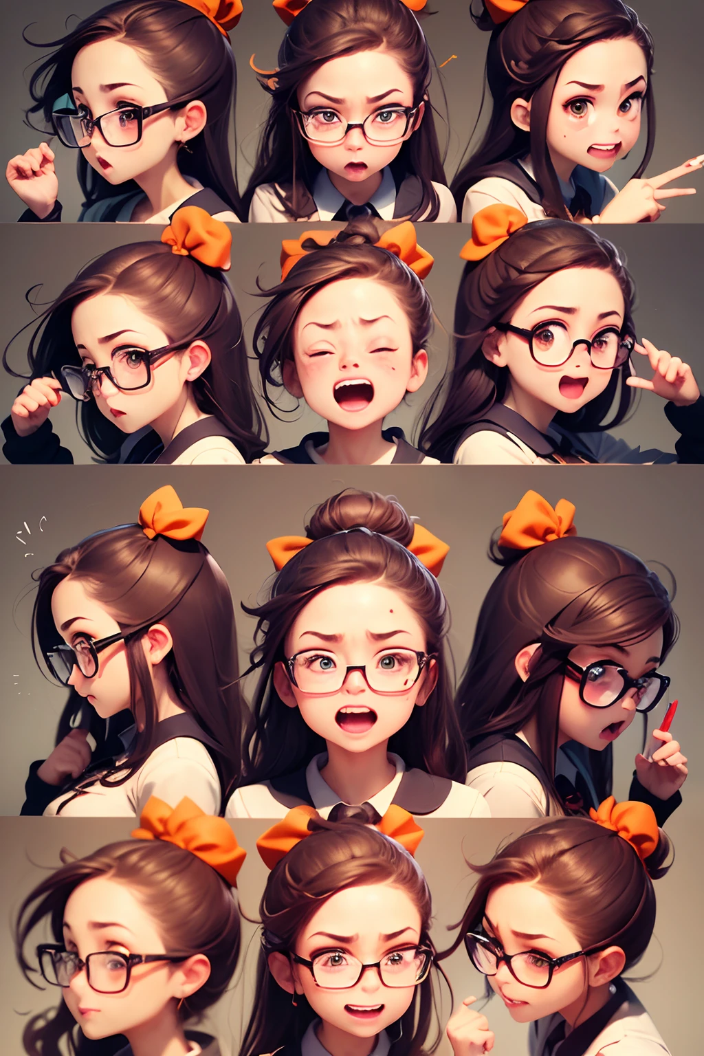 (Office worker, anime style character, Emoji pack), (glasses girl:1.3),(emoji design sheet),Align arrangement, poses and expressions, (upper body),(Black strokes, Different emotions, various facial expressions), (multiple expressions of the same character:1.6),(masterpiece, best quality, highly detailed, high-resolution illustration:1.2), (sad, happy, having fun, exhausted, big laugh, Angry, doubt, cute, wait, hurry)