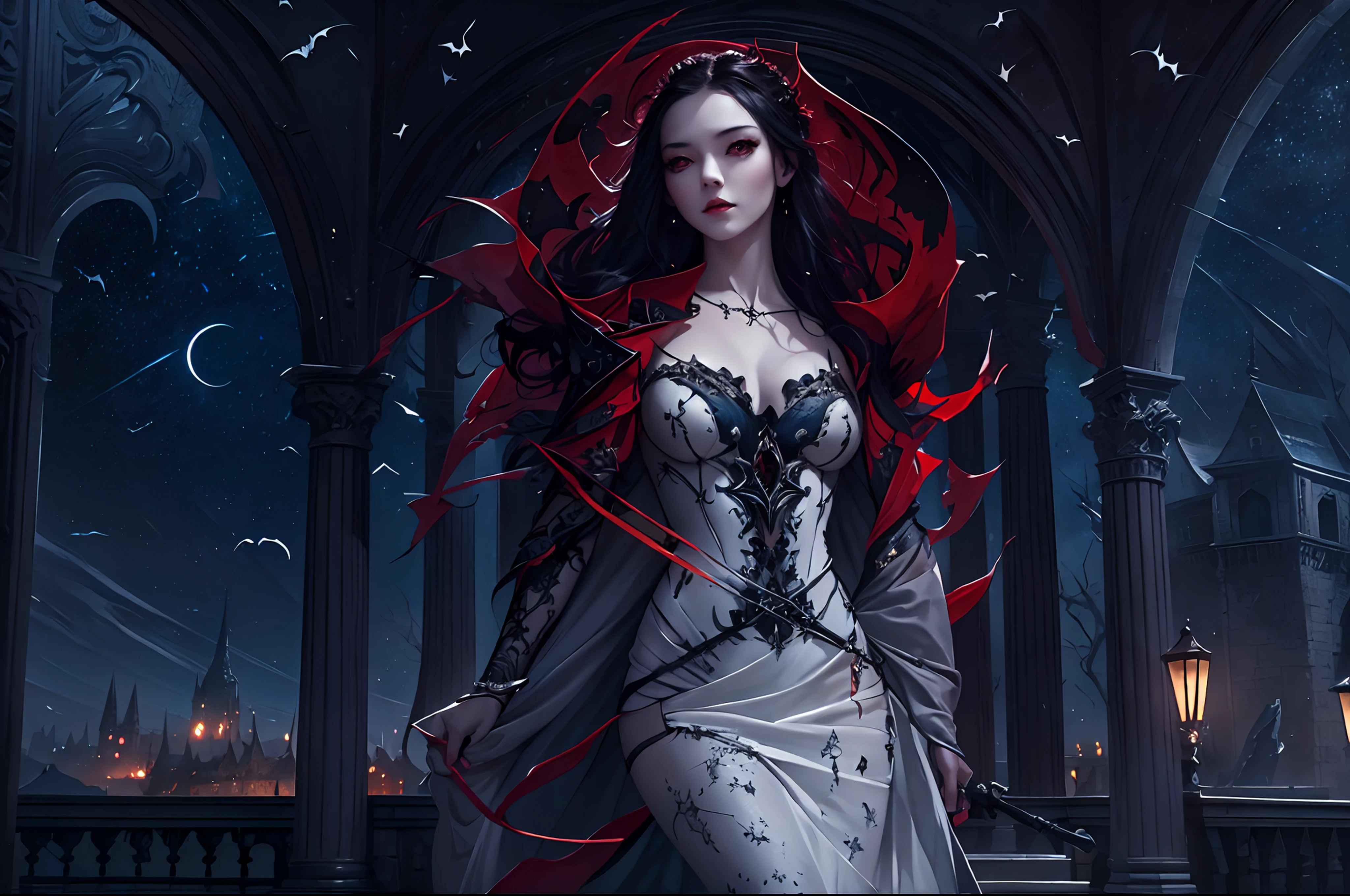 a picture of an exquisite beautiful female vampire standing under the starry night sky on the porch of her castle, dynamic angle (ultra detailed, Masterpiece, best quality), ultra detailed face (ultra detailed, Masterpiece, best quality), ultra feminine, grey skin, red hair, wavy hair, dynamic eyes color, cold eyes, glowing eyes, intense eyes, dark red lips, [fangs], wearing white dress (ultra detailed, Masterpiece, best quality), blue cloak (ultra detailed, Masterpiece, best quality), long cloak, flowing cloak (ultra detailed, Masterpiece, best quality), high heeled boots, sky full of stars background, moon, bats flying about, high details, best quality, 8k, [ultra detailed], masterpiece, best quality, (ultra detailed), full body, ultra wide shot, photorealism, dark fantasy art, dark fantasy art, gothic art, many stars, dark fantasy art, gothic art, sense of dread,