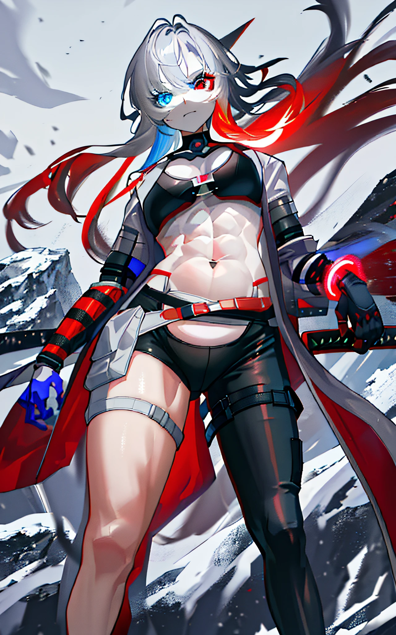 (((good face, good eyes, beautiful face, good mouth, good nose, glowing eyes))), (((stomach, nice belly, thin, toned, ribs, nice navel))), (((perfect anatomy))), ((anime girl, anime)), detailed background, highres, official art, (masterpiece, best quality, absurdres), ((1girl, solo)), solo focus, ((extreme detail)), (ultra-detailed), (textured skin), ((sharp focus)), ((very clear)), (midriff), (standing), shadowing, focused, closed mouth, ((looking at viewer)), shading, tracing, smooth, ((detailed surroundings)), holding, holding weapons, sword, katana, full body, abs, asymmetrical legwear, black bra, black leggings, blue eyes, eyewear around neck, flaming eye, from below, gradient hair, grey hair, grey jacket, heterochromia, jacket, leggings, long hair, mechanical arms, mechanical parts, multicolored hair, red eyes, red hair, sheath, sheathed, single mechanical arm, underwear, very long hair, outdoors, snow, snowy, snow mountains